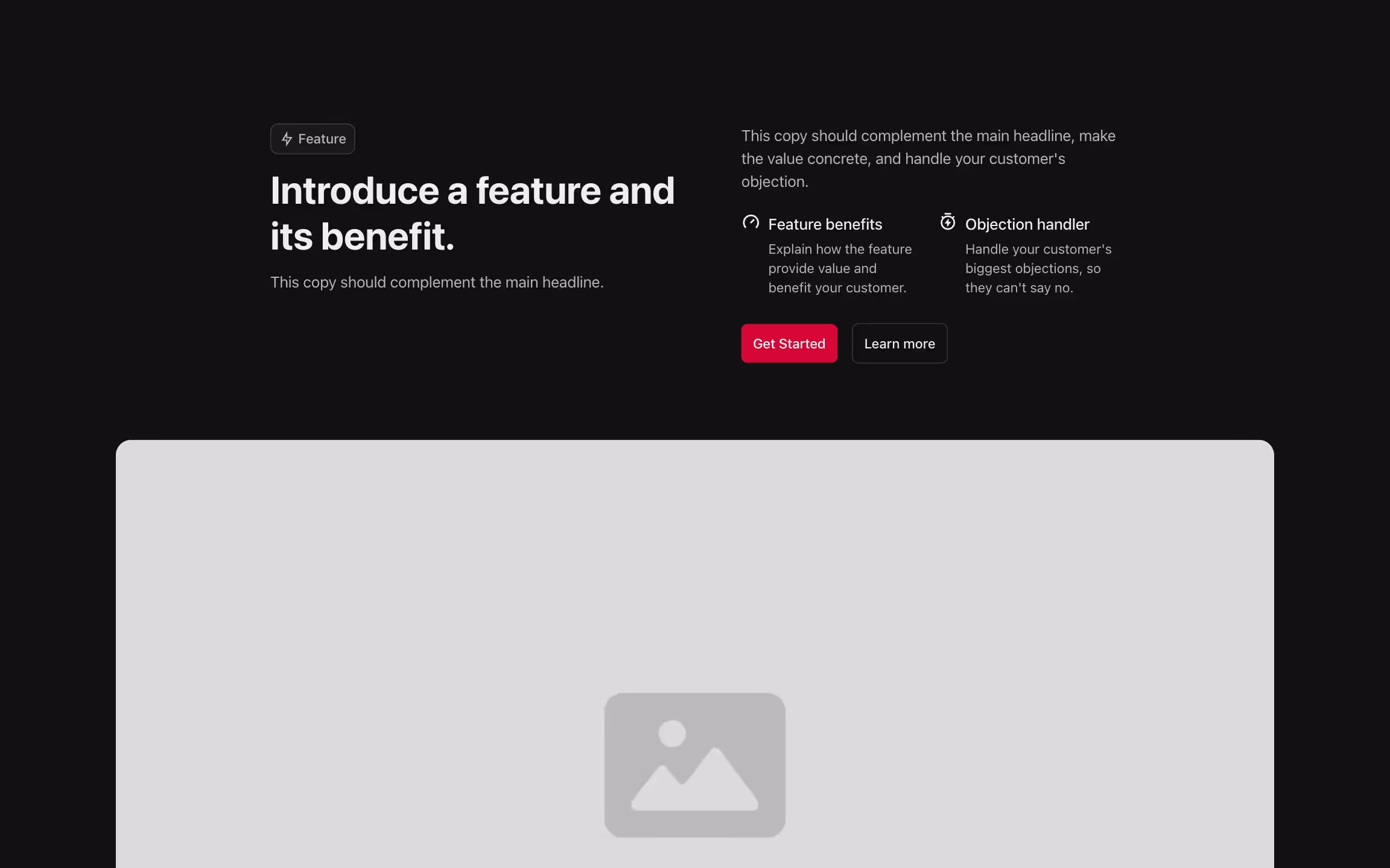 Feature component with content on the top and large image below.