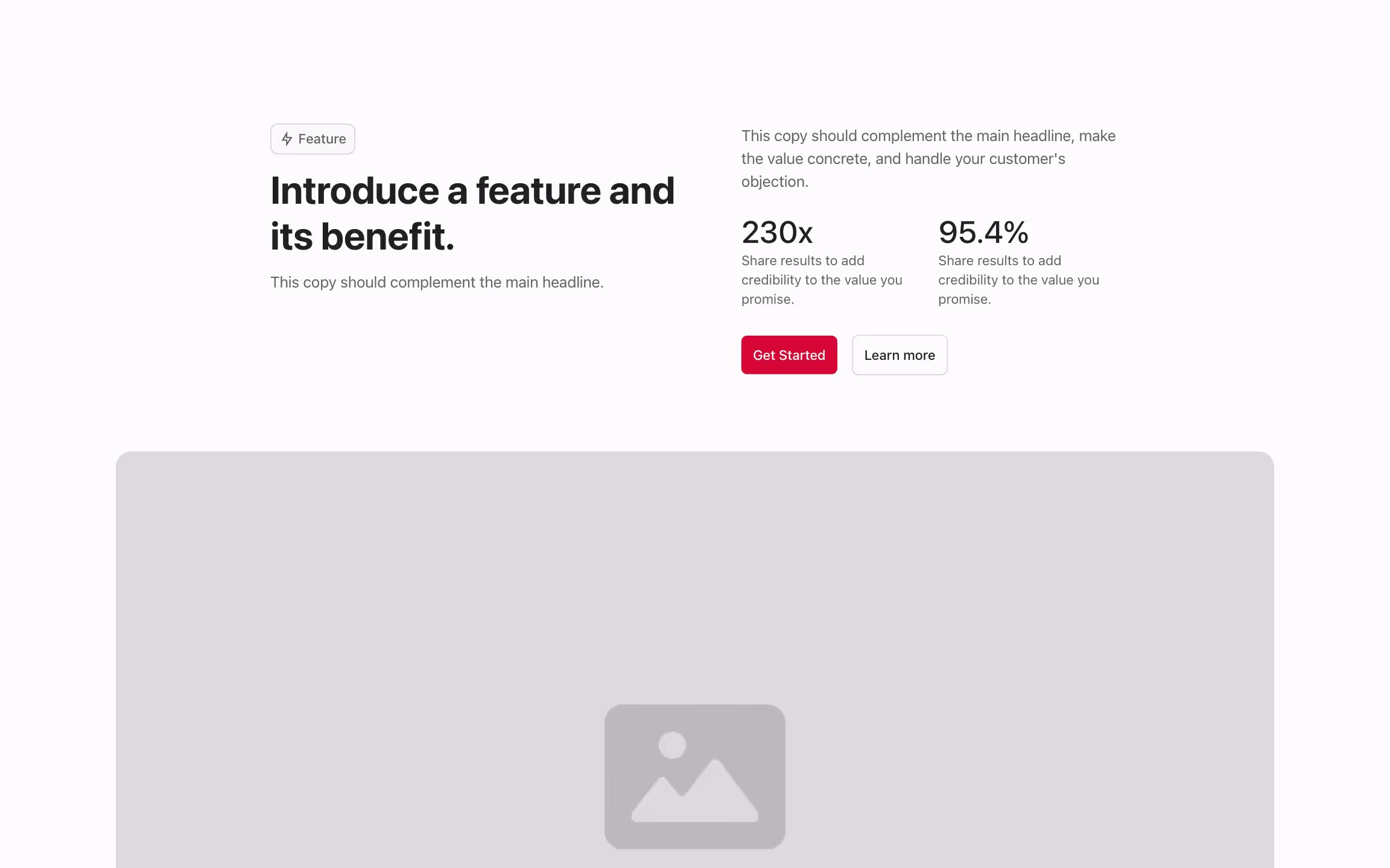 Feature component with content on the top and large image below.
