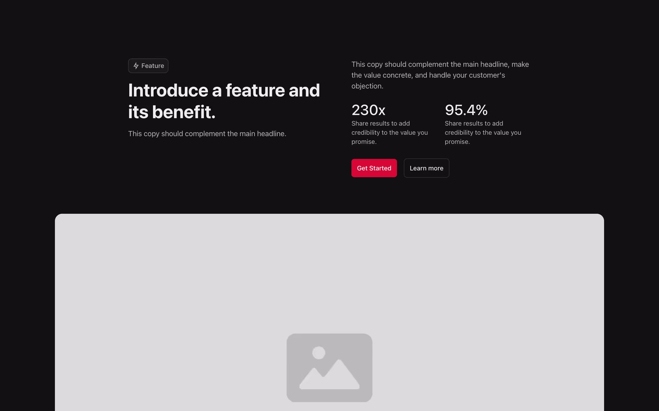 Feature component with content on the top and large image below.