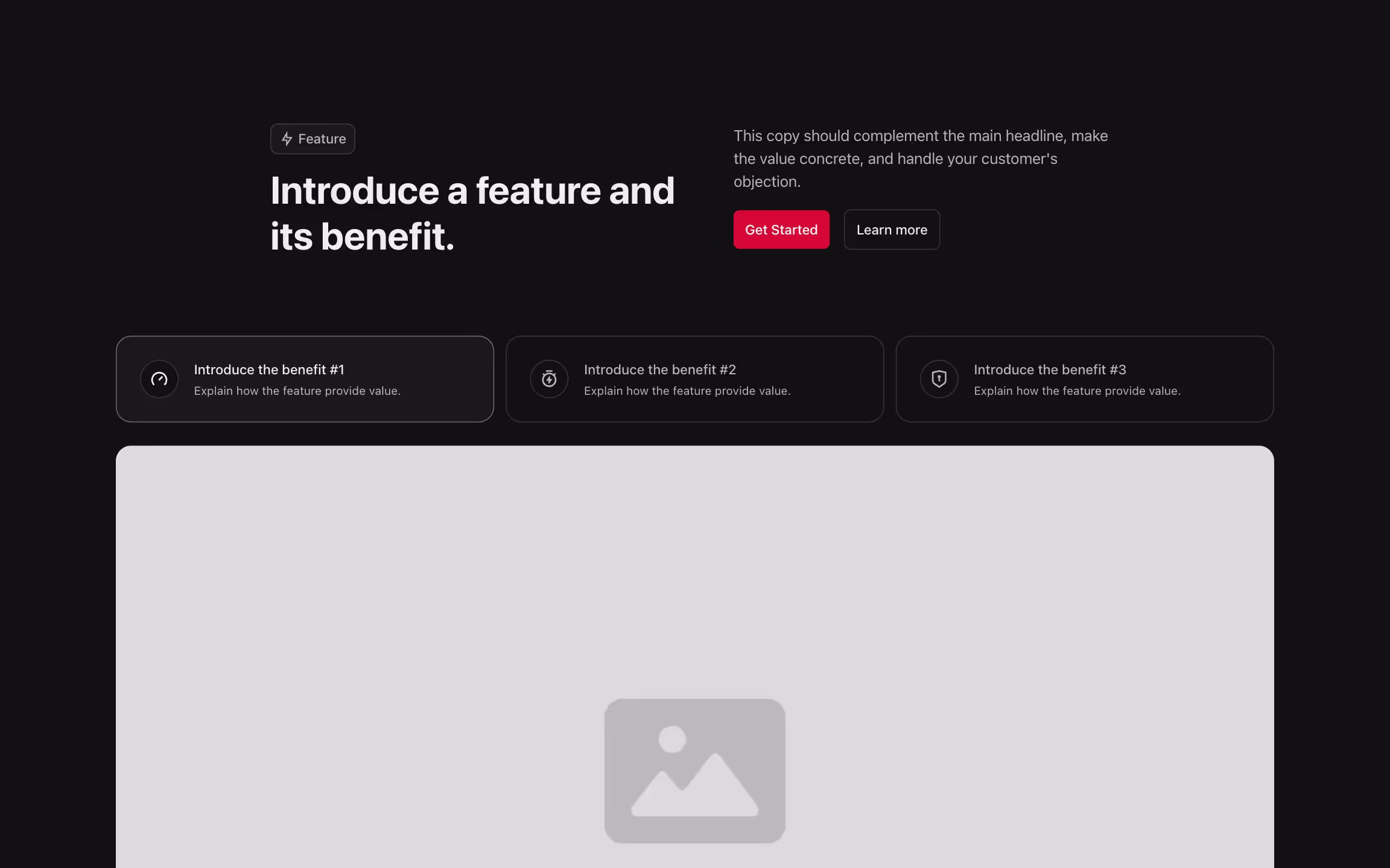 Feature component with content on the top and large image below, organized in tabs.