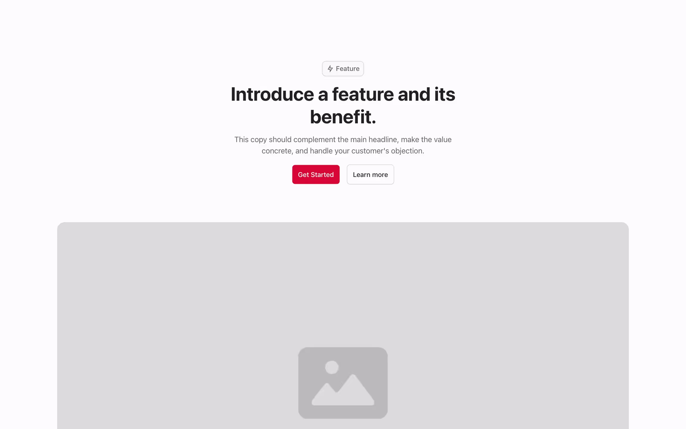 Feature component with content centered on the top, and large image below.