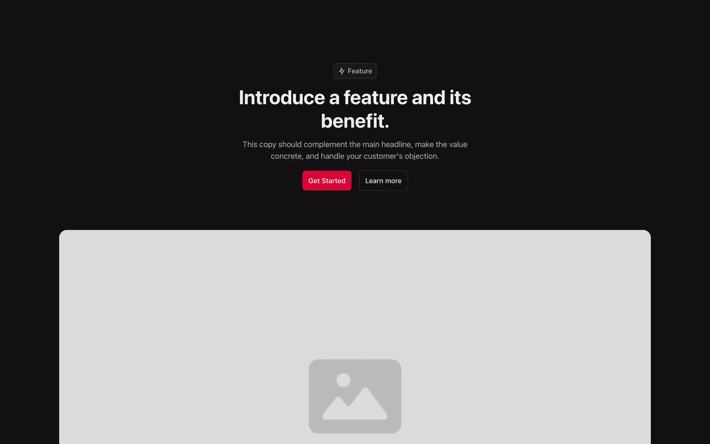 Feature component with content centered on the top, and large image below.