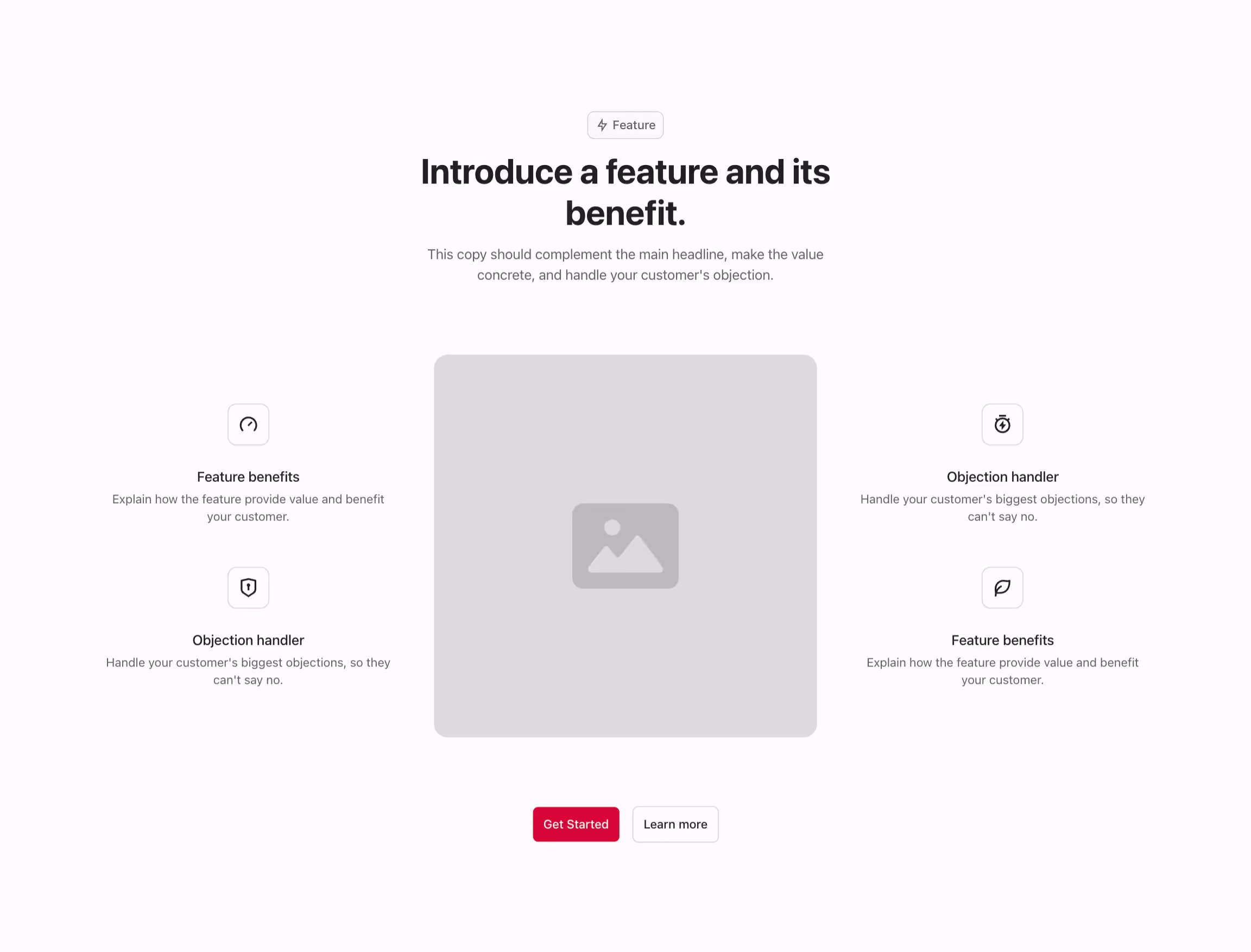 Feature component with 4 feature items and image centered, and a header above.