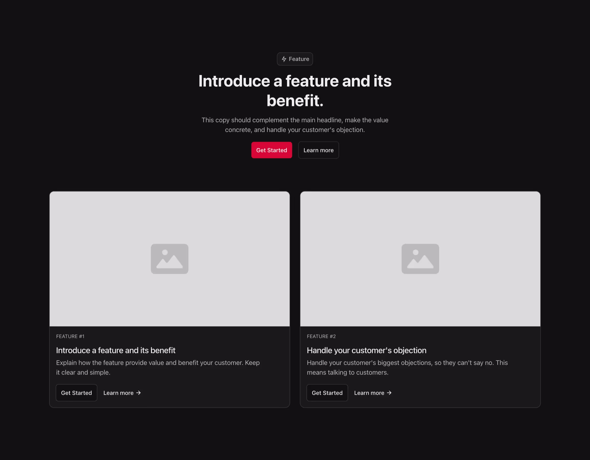 Feature component with 2 feature cards with image in a grid, and a header above.