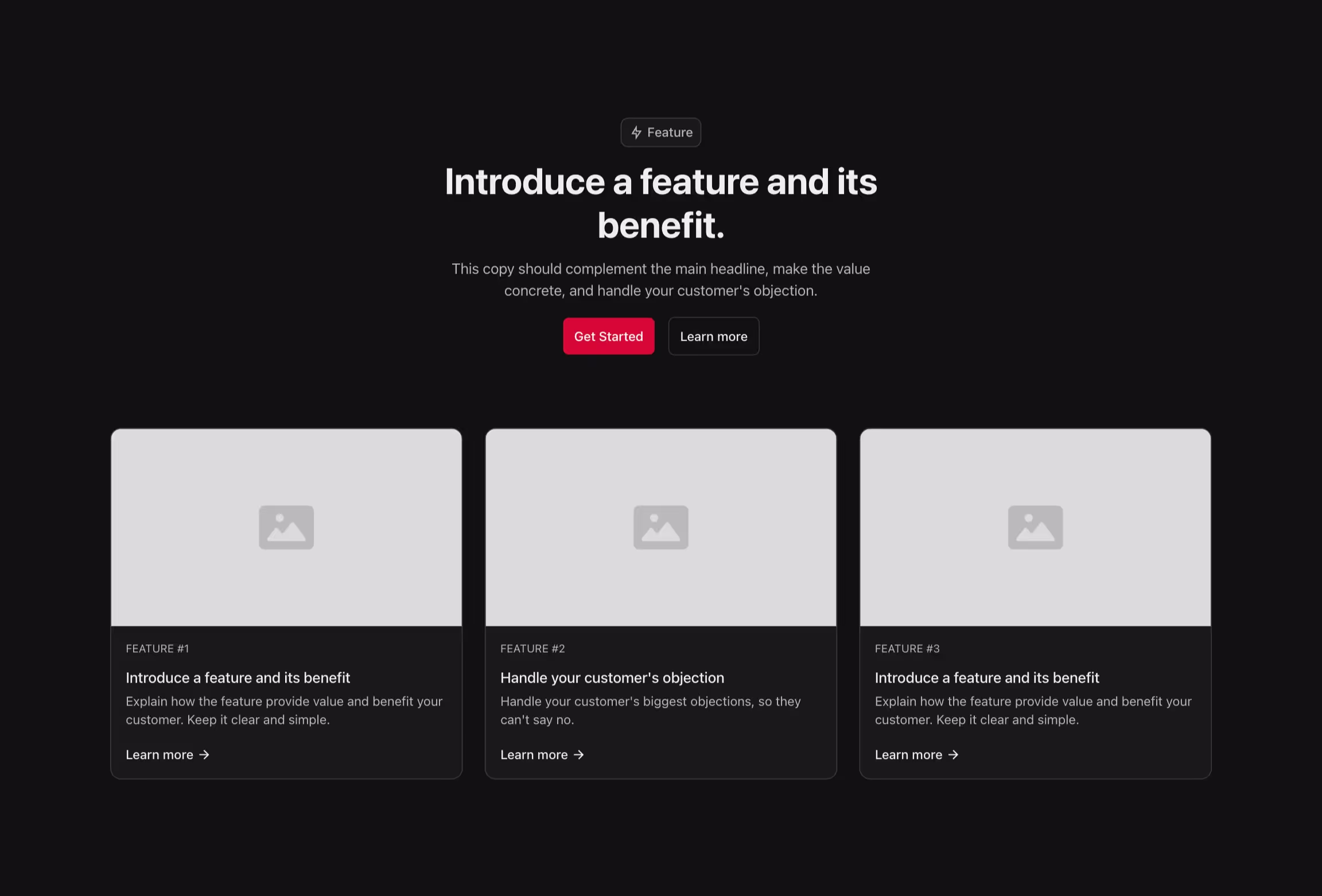 Feature component with 3 feature cards with image in a grid, and a header above.
