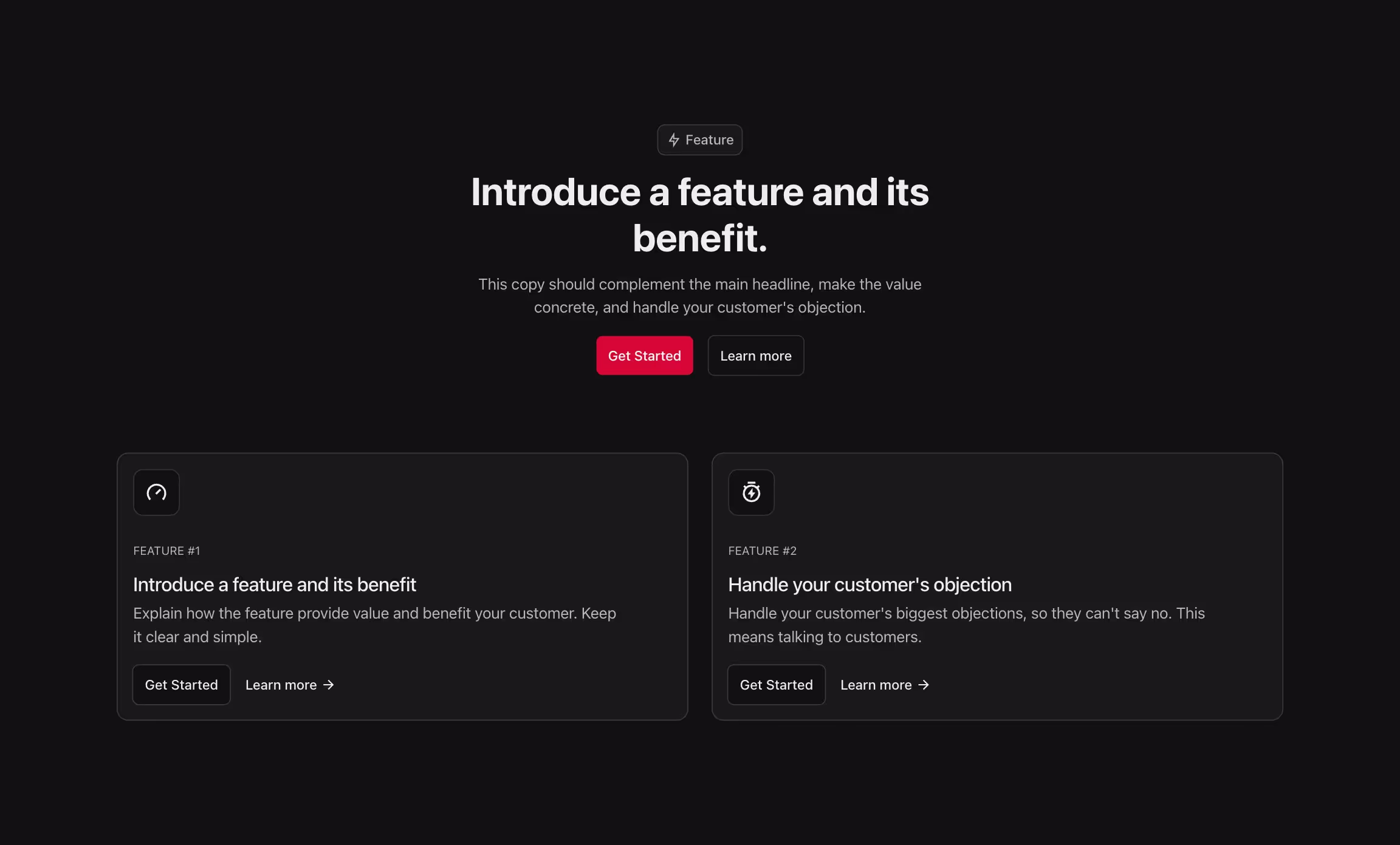 Feature component with 2 feature cards with icon in a grid, and a header above.