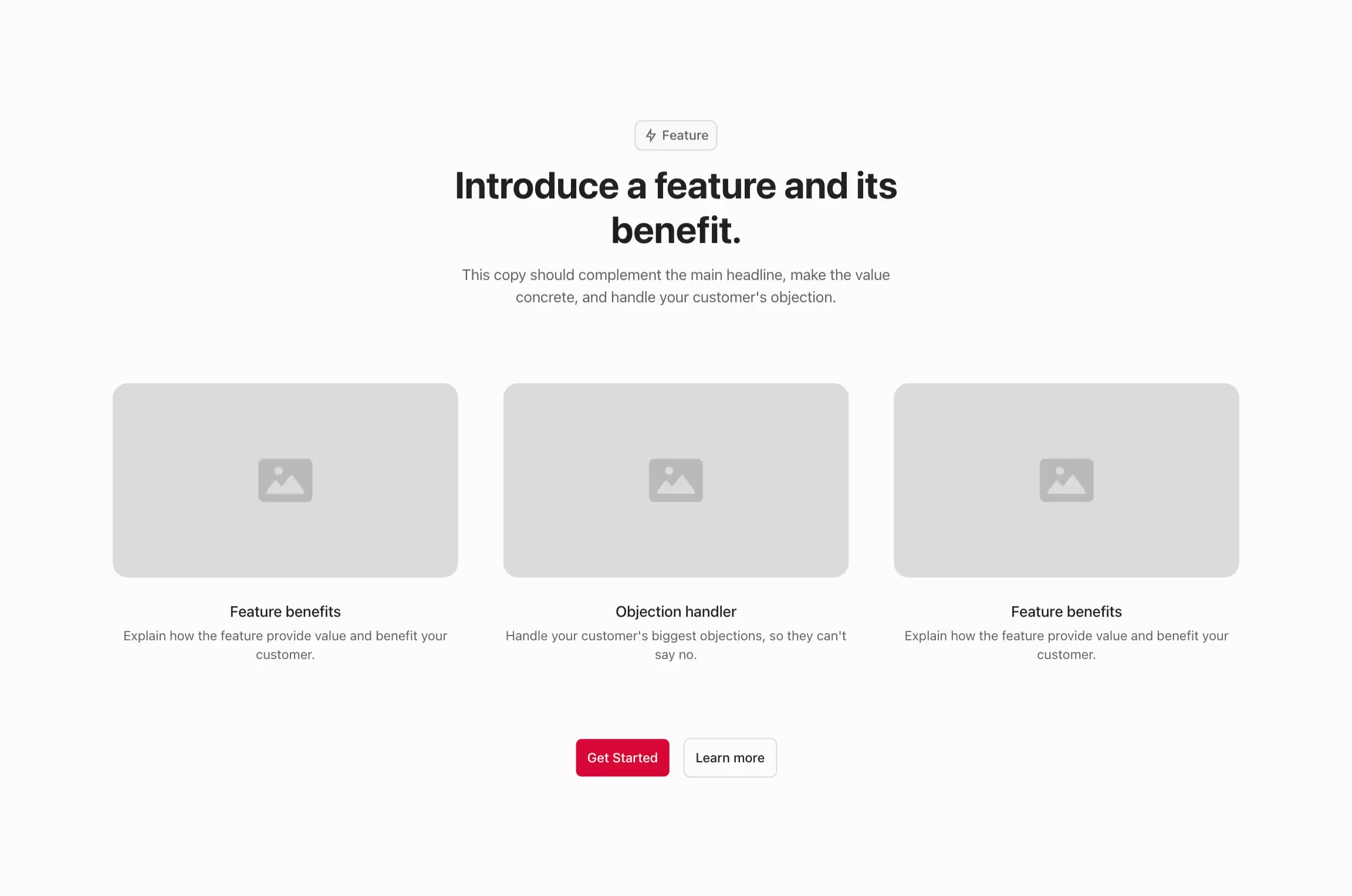 Feature component with 3 feature cards with imge in a grid, and a header above.