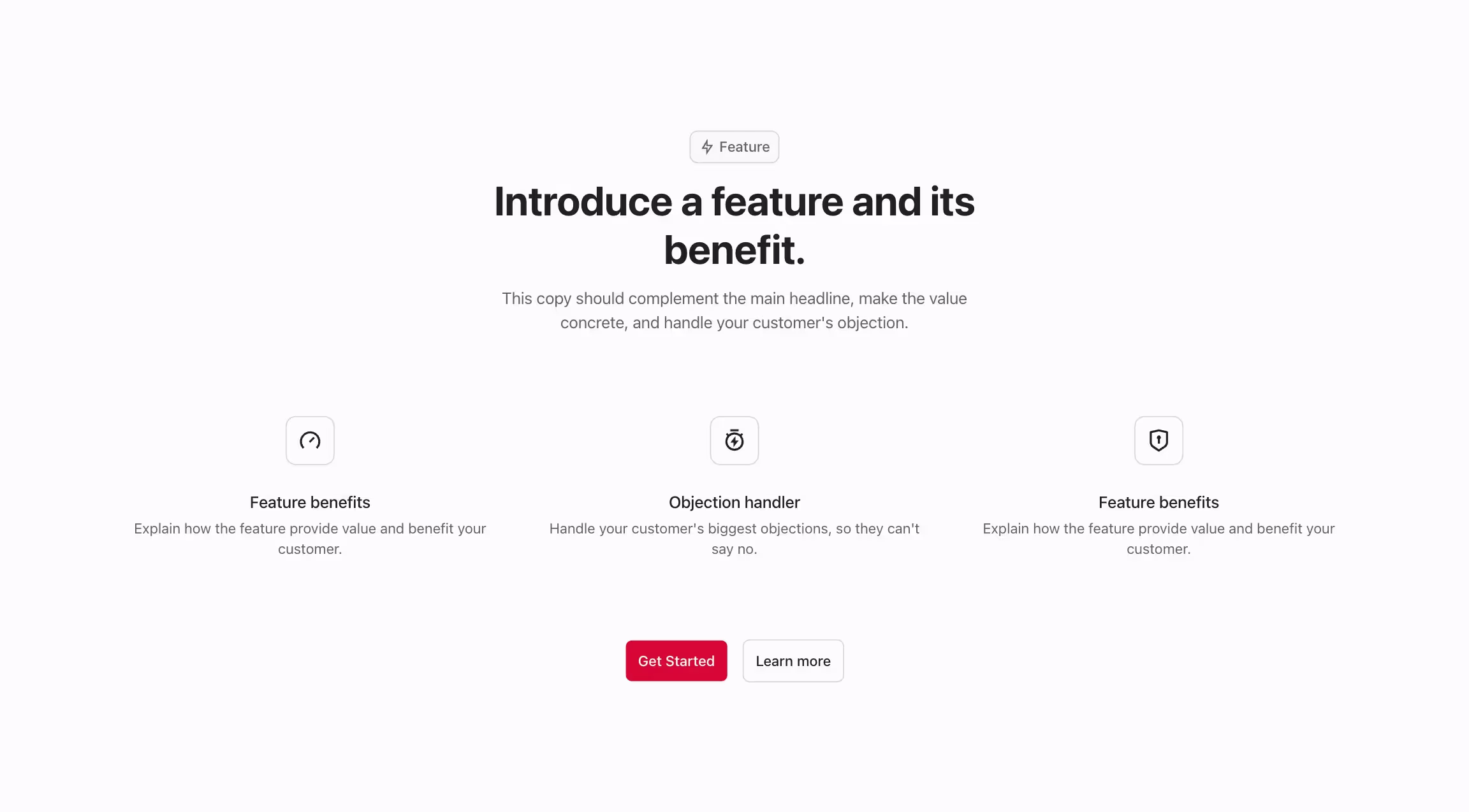 Feature component with 3 feature cards with icon in a grid, and a header above.