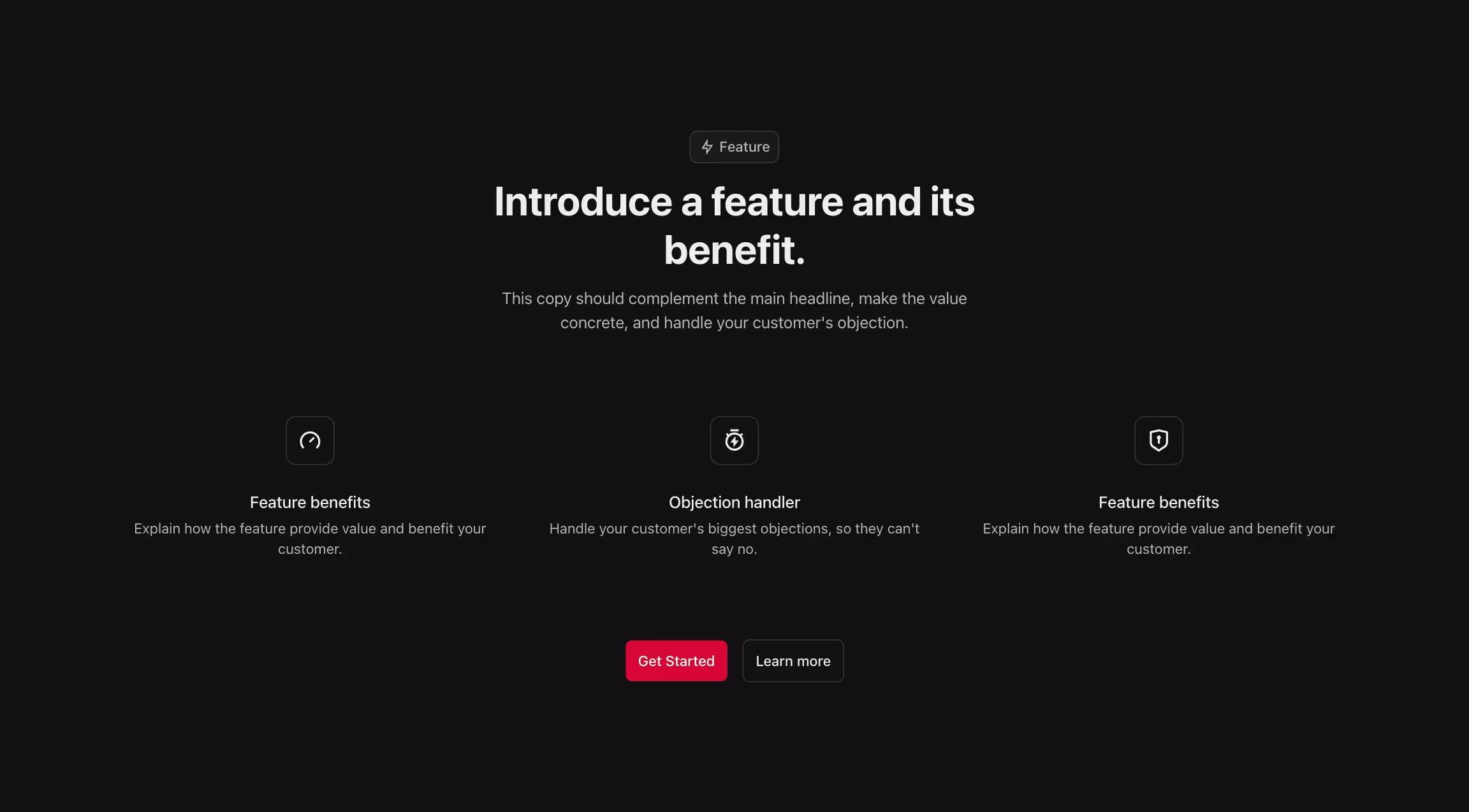 Feature component with 3 feature cards with icon in a grid, and a header above.