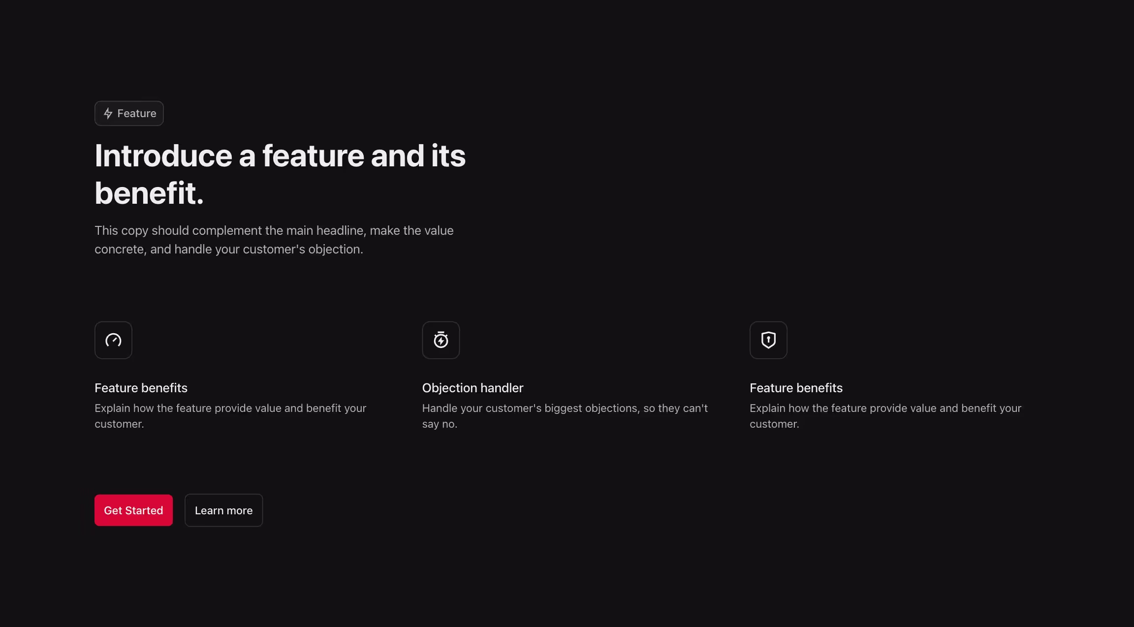 Feature component with 3 feature cards with icon in a grid, and a header above.