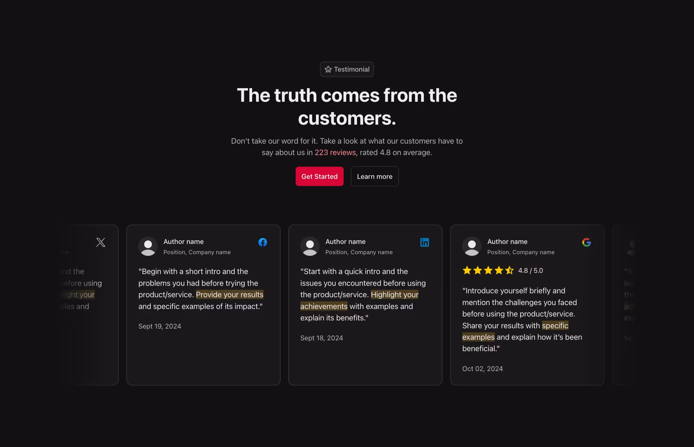 Testimonial component with review in cards in a slider layout.