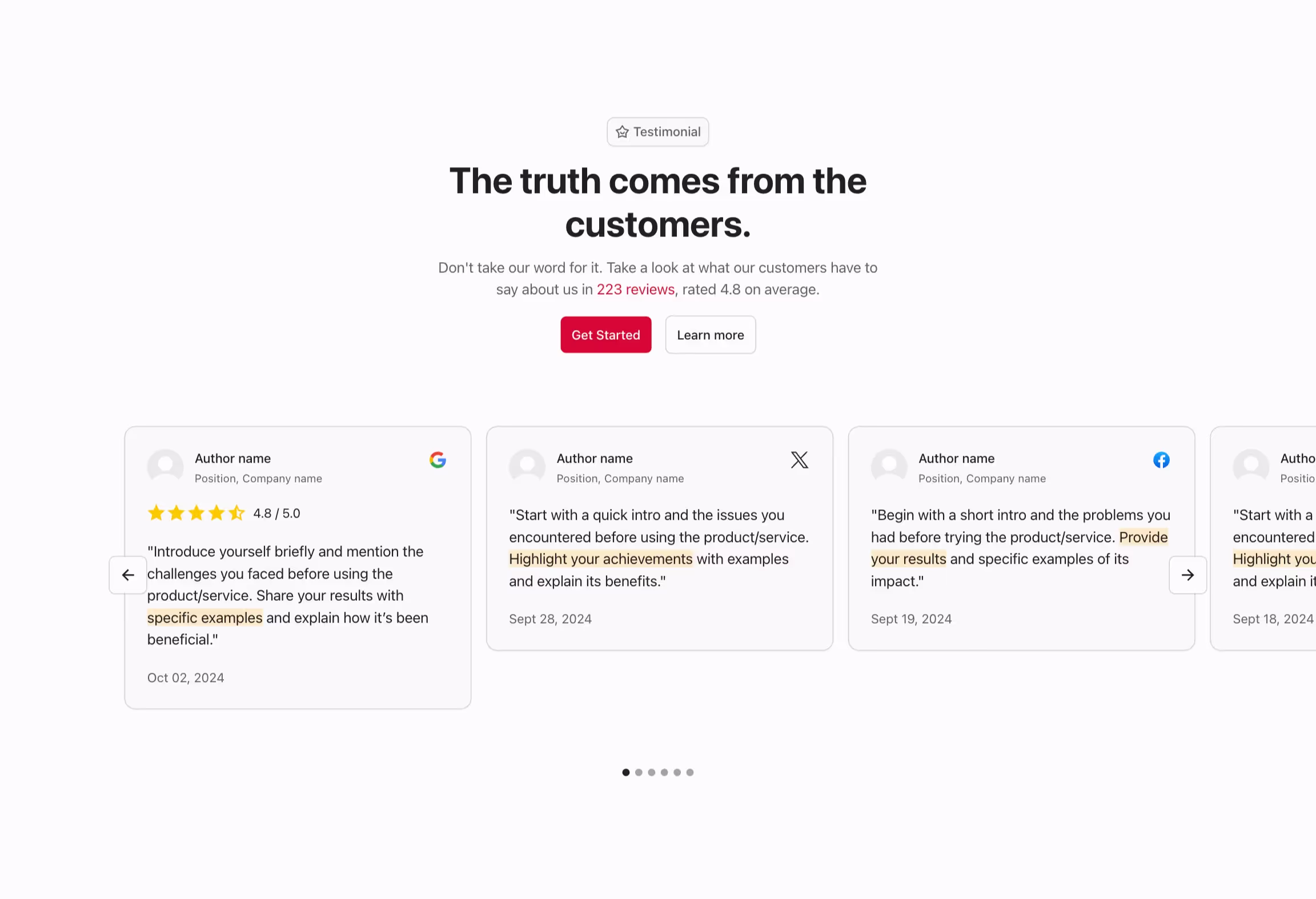 Testimonial component with review card in a slider.