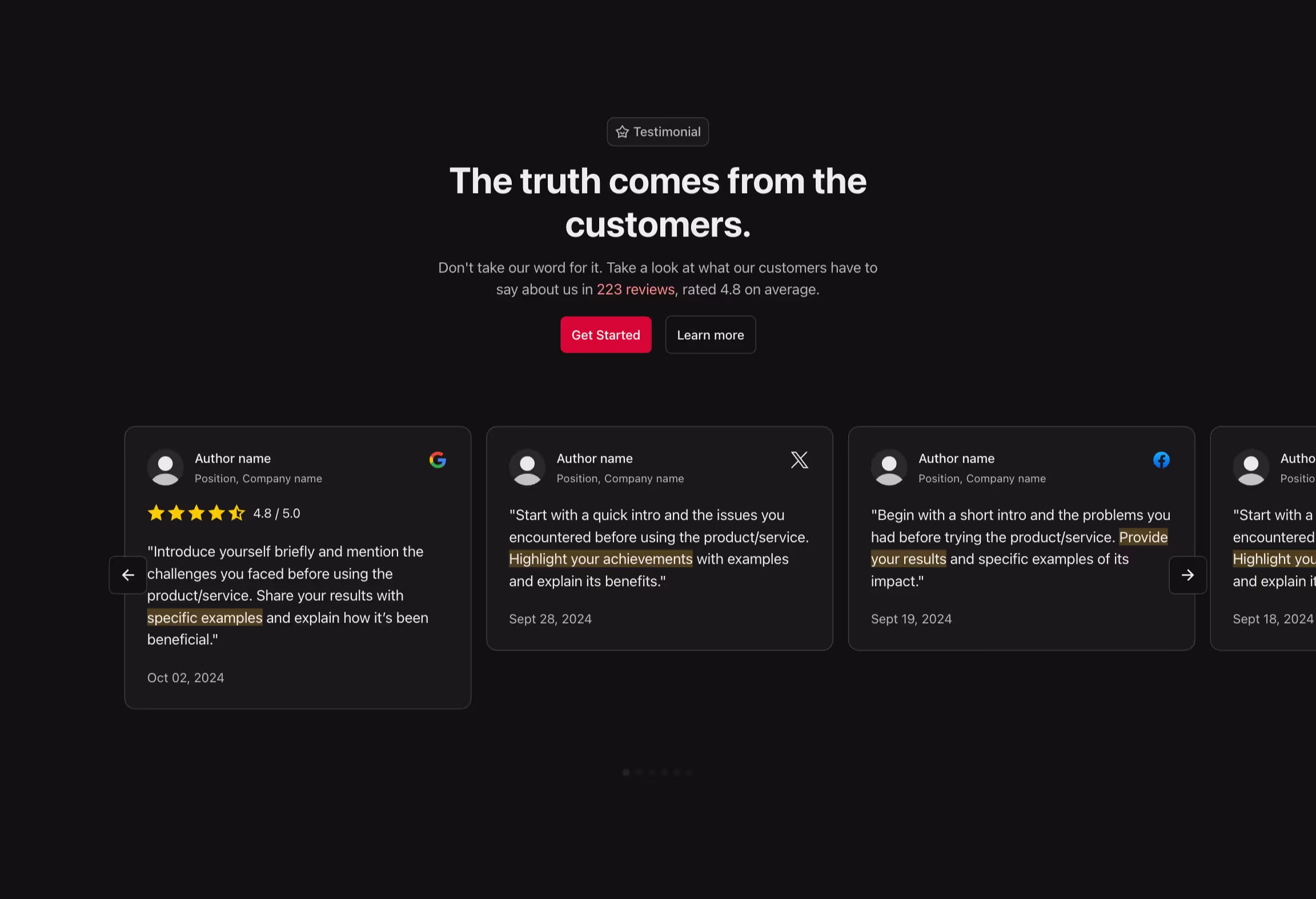 Testimonial component with review card in a slider.