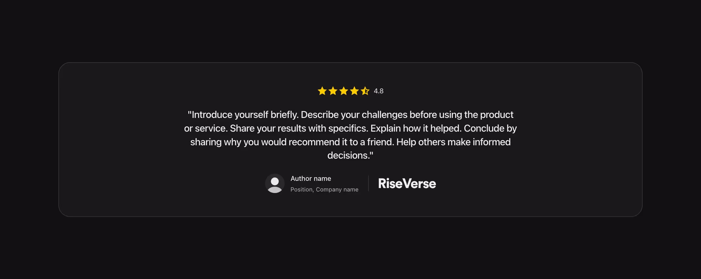 Testimonial component with one review in a large card.