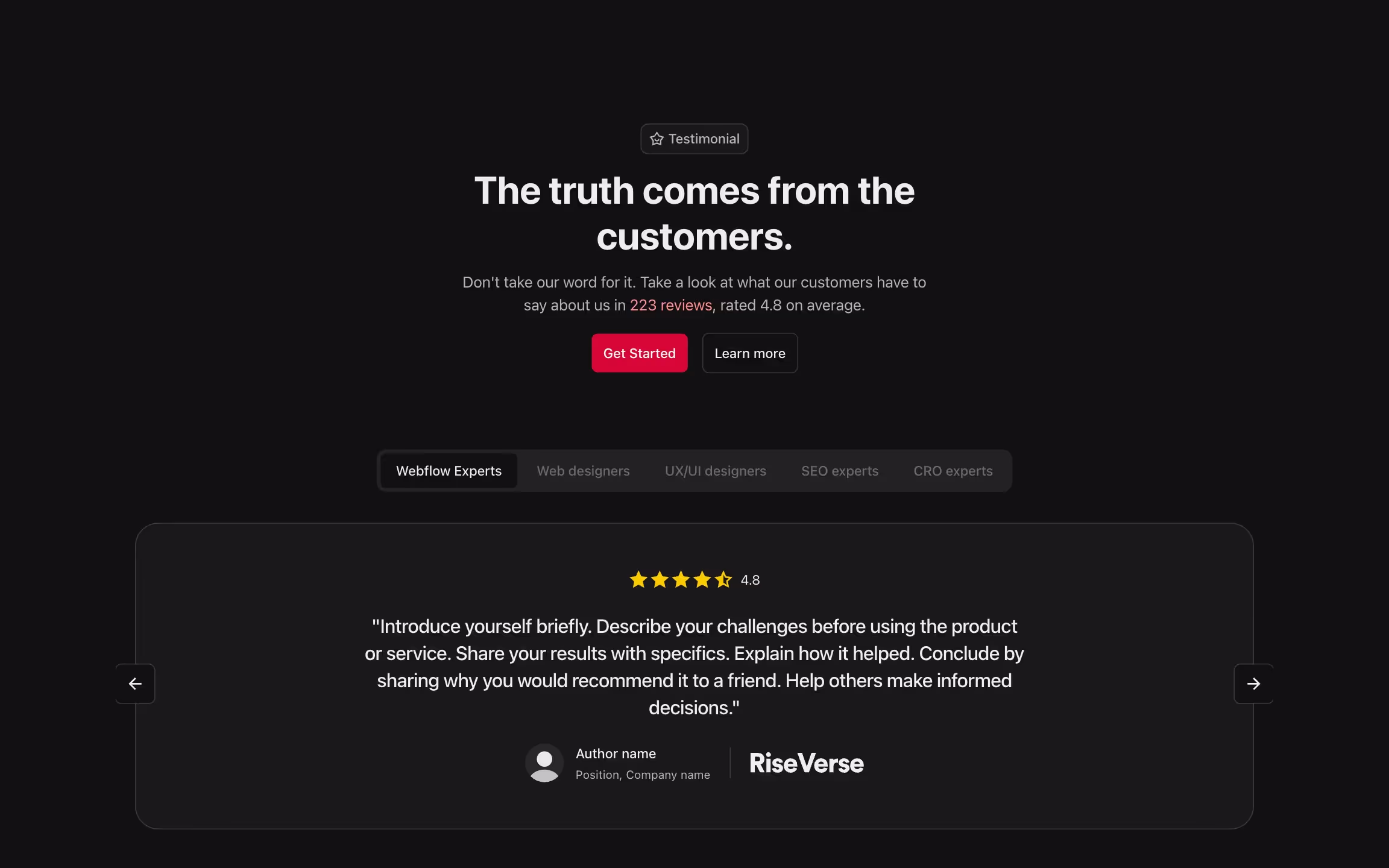 Testimonial component with one review in a large card, in a slider, organized in tabs.