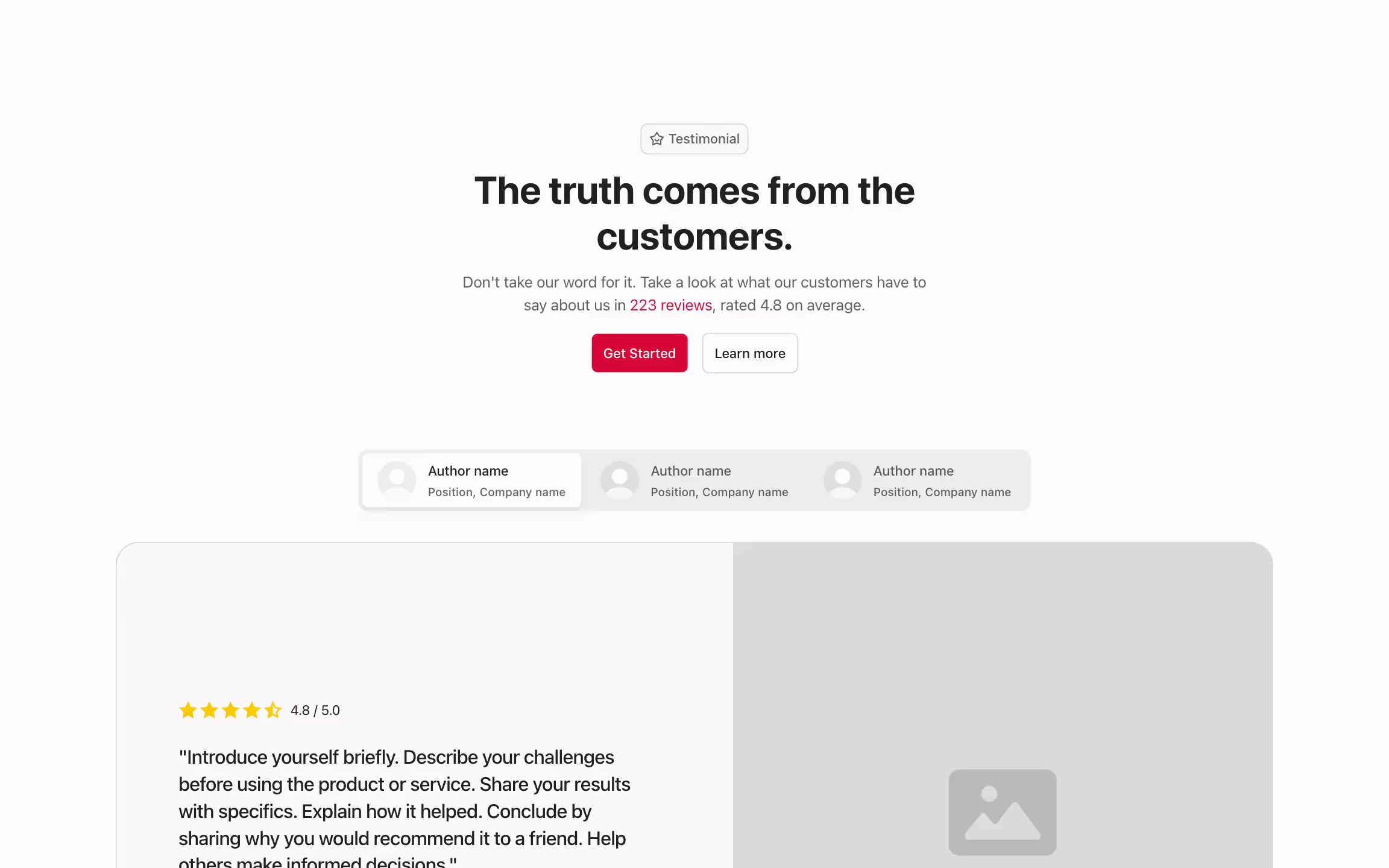 Testimonial component with one review in a large card with image, organized in a tab by author.