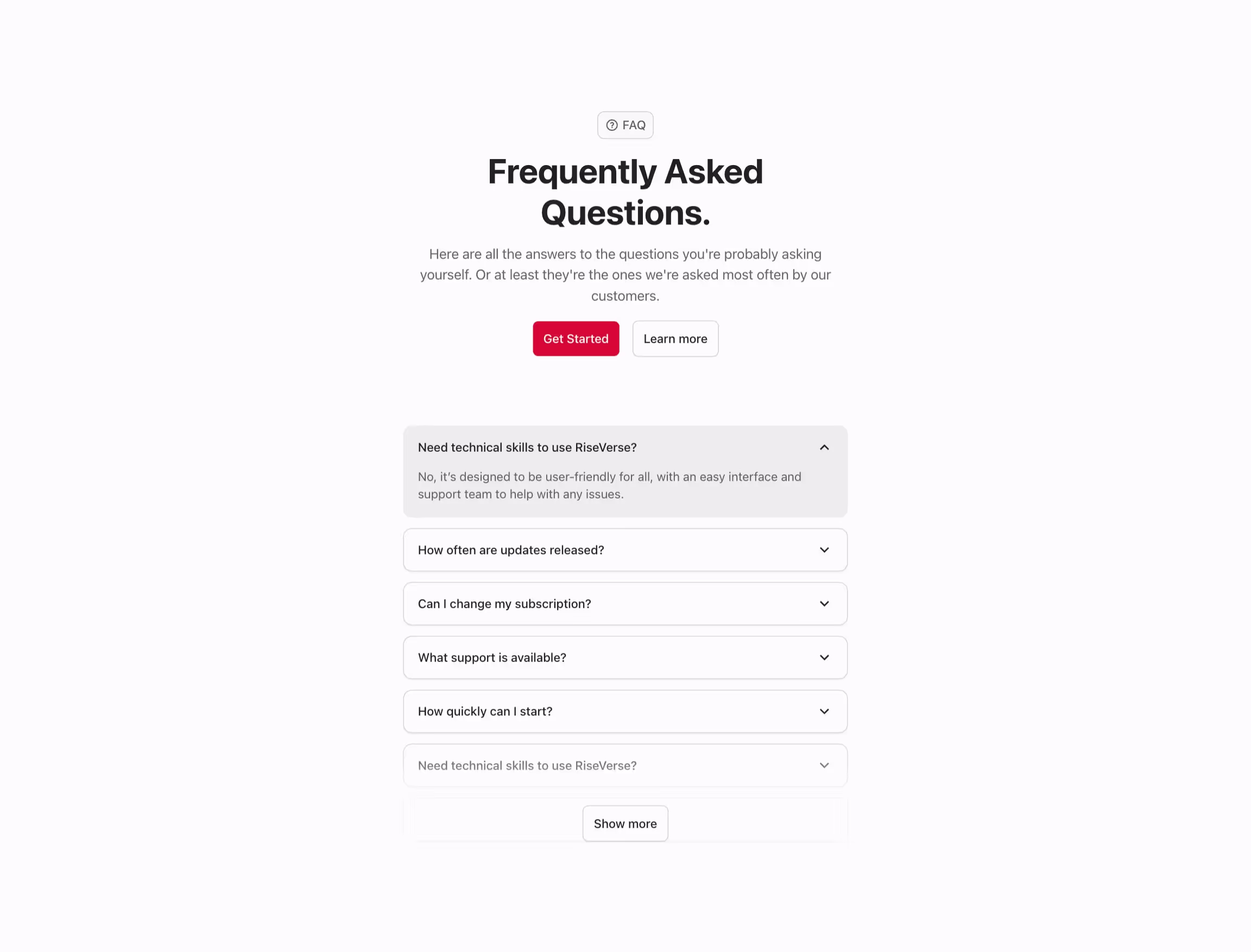 FAQ component with accordion list centered.