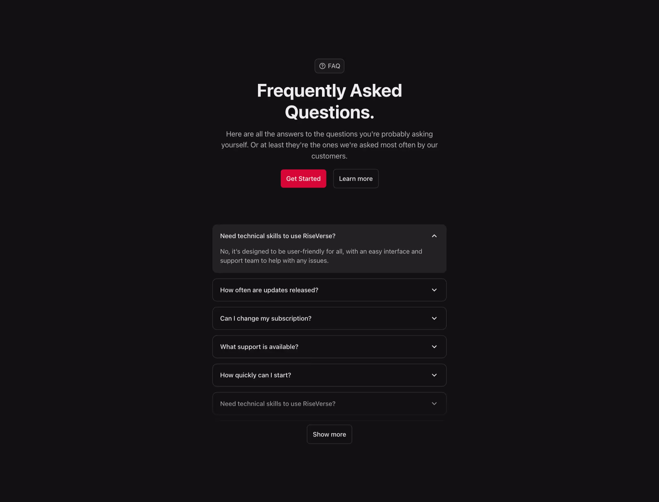 FAQ component with accordion list centered.