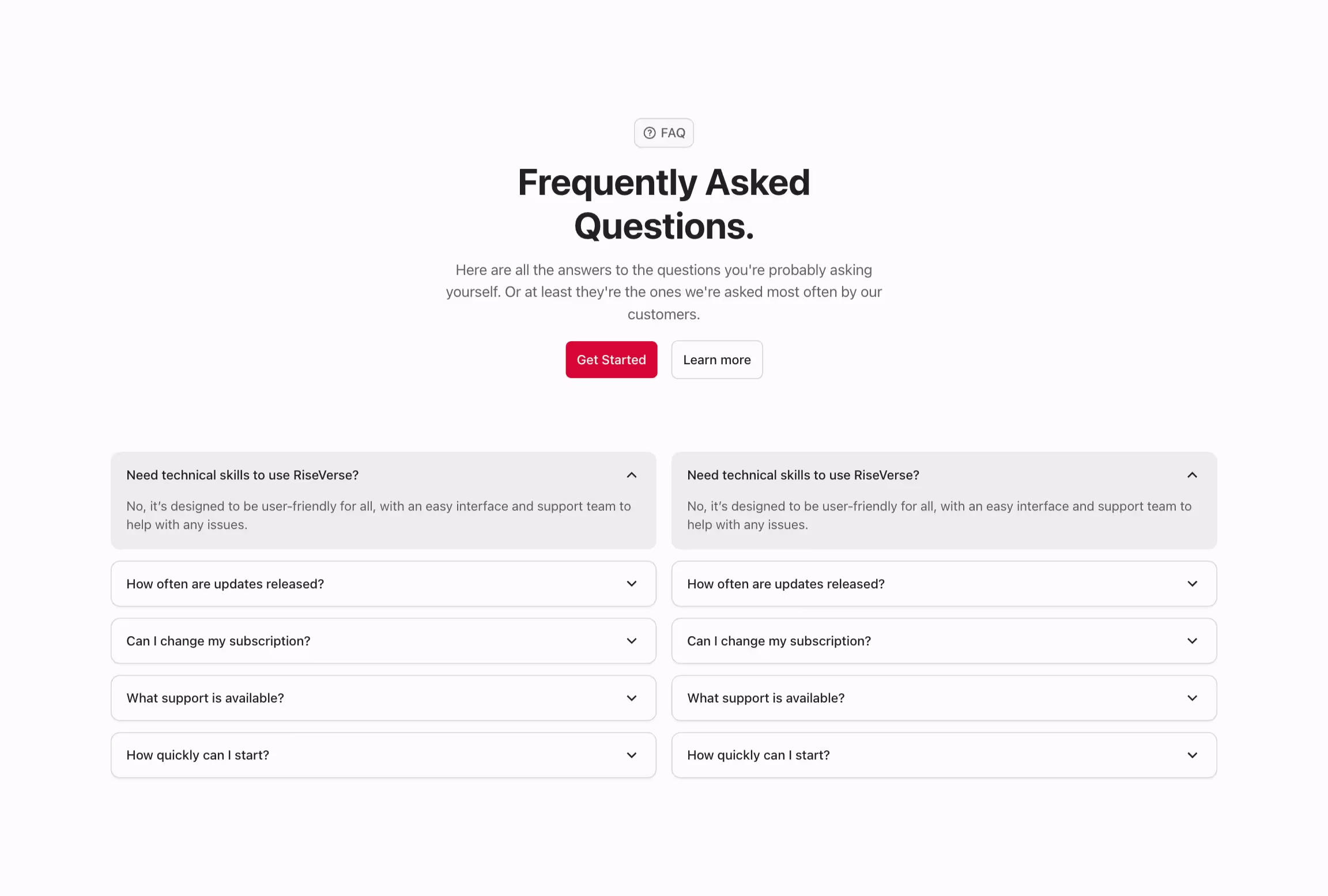 FAQ component with 2 accordion lists.