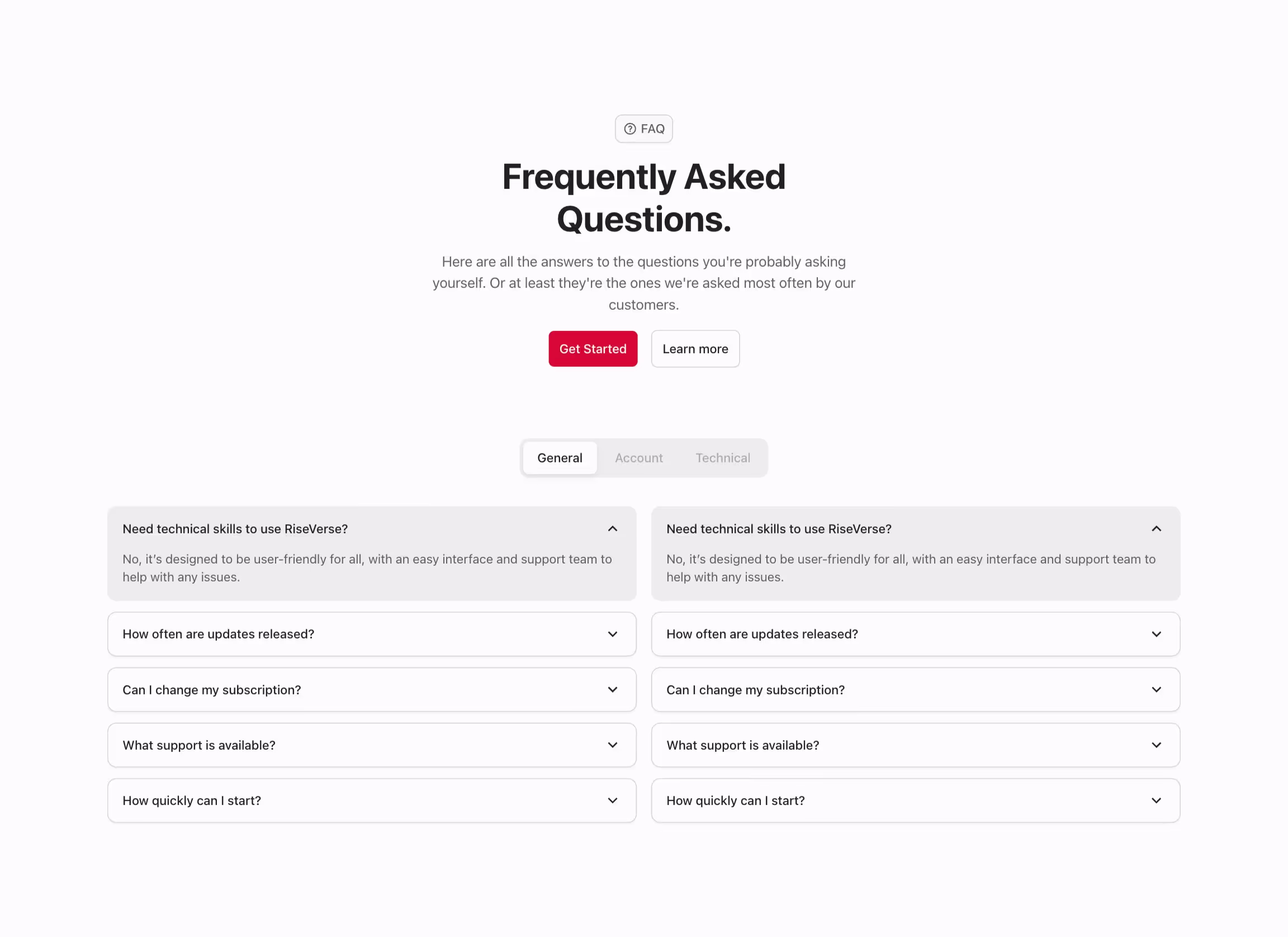 FAQ component with 2 accordion lists, organized in tabs.