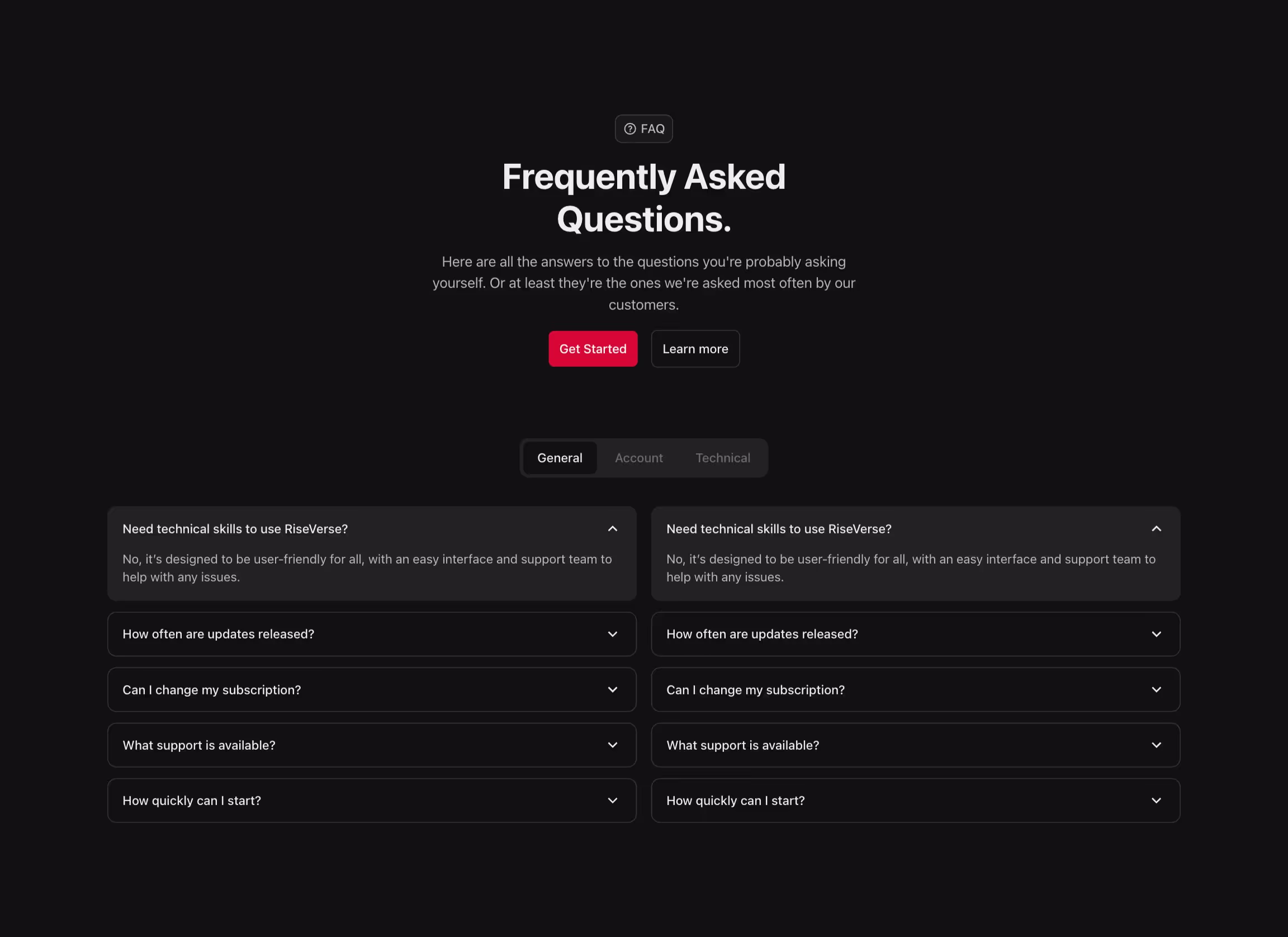 FAQ component with 2 accordion lists, organized in tabs.
