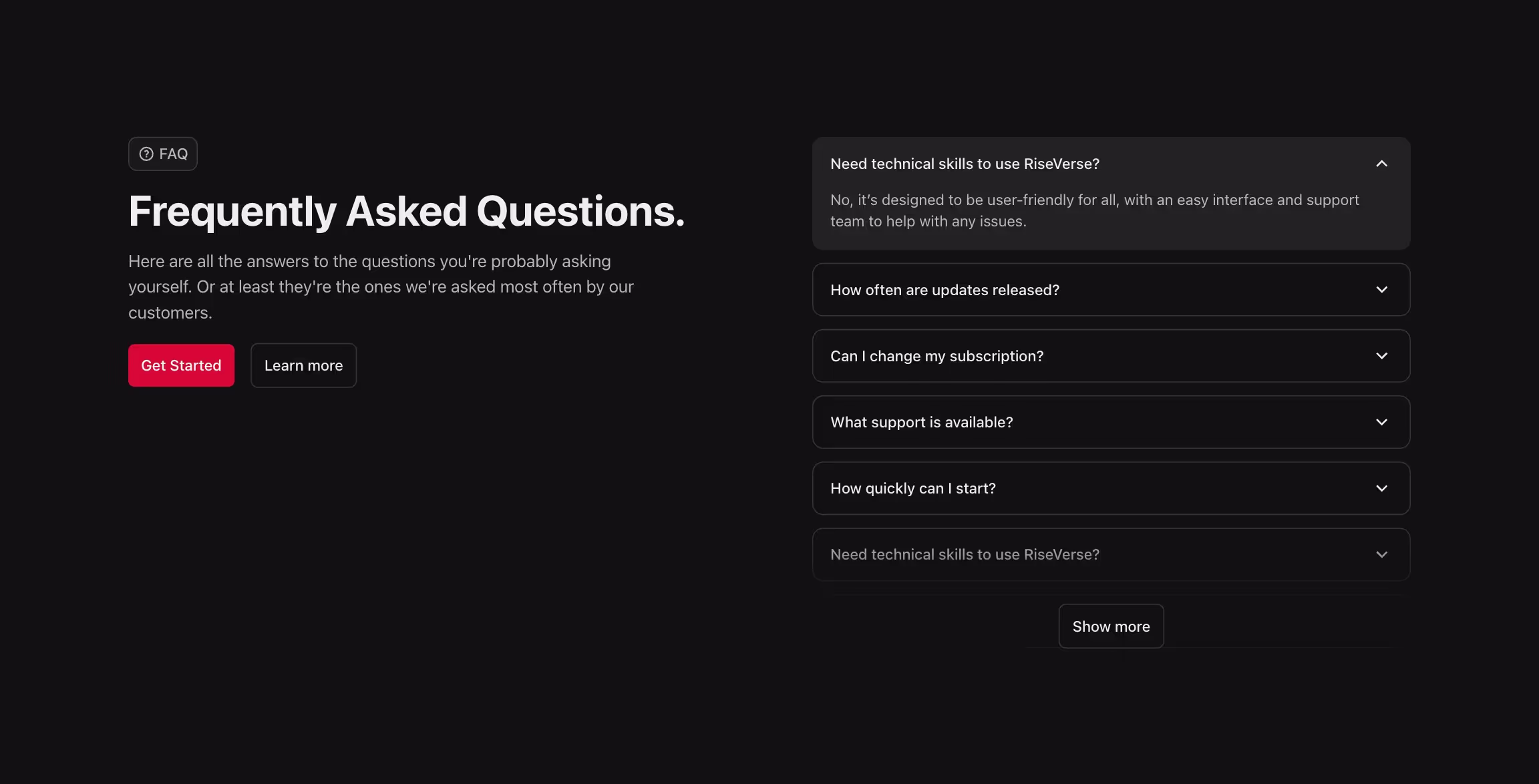 FAQ component with header to the left and accordion list to the right.