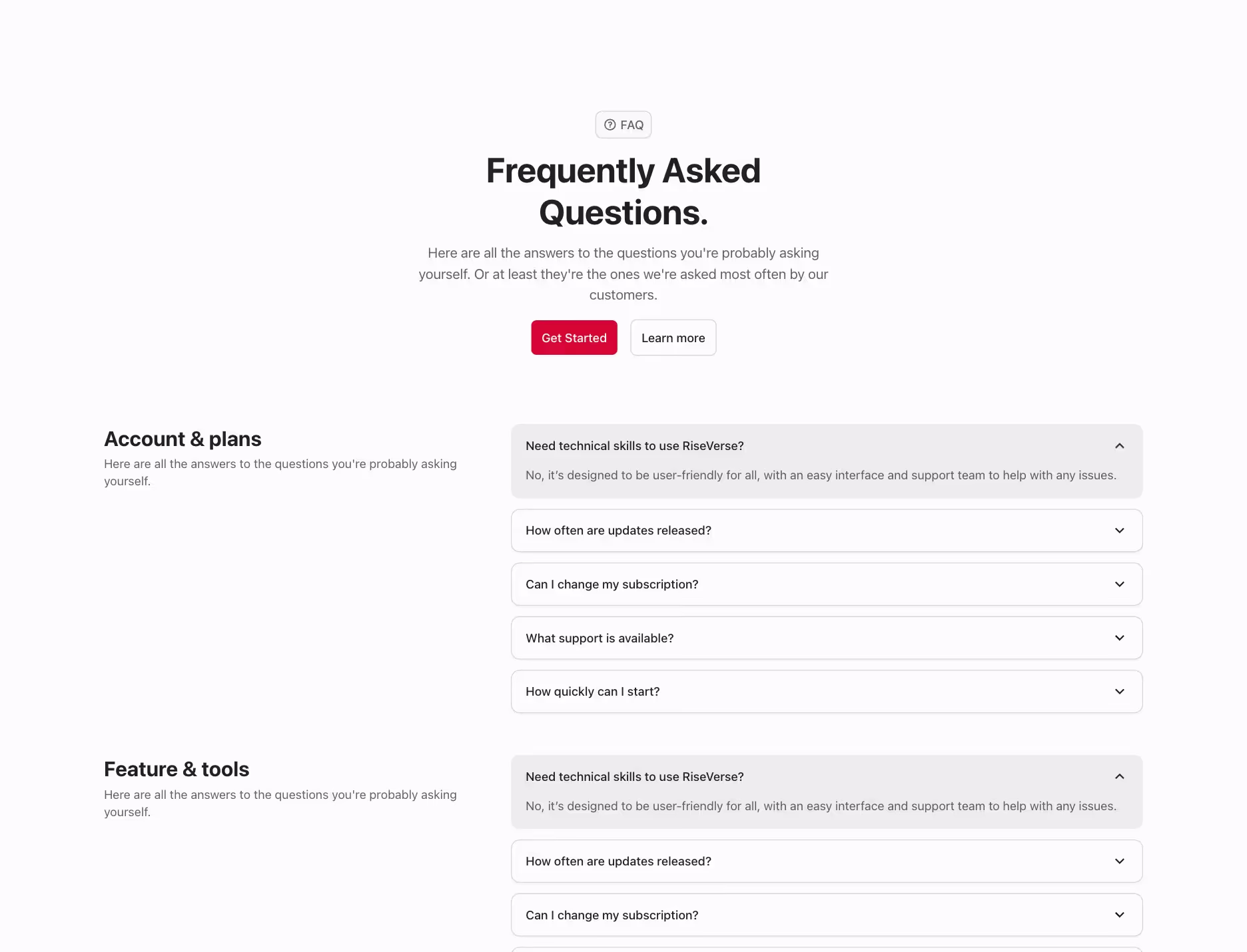 FAQ component with header to the left and accordion list to the right, organized in 3 rows.