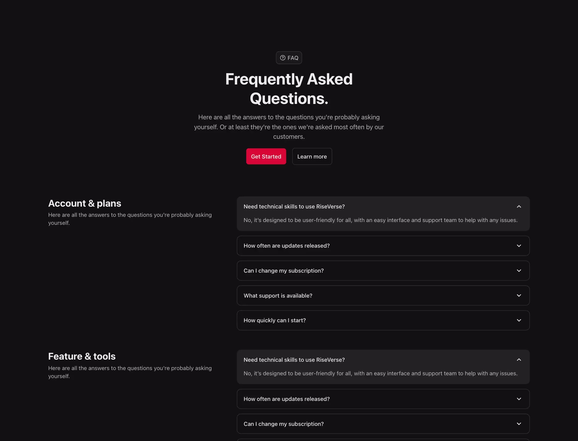 FAQ component with header to the left and accordion list to the right, organized in 3 rows.