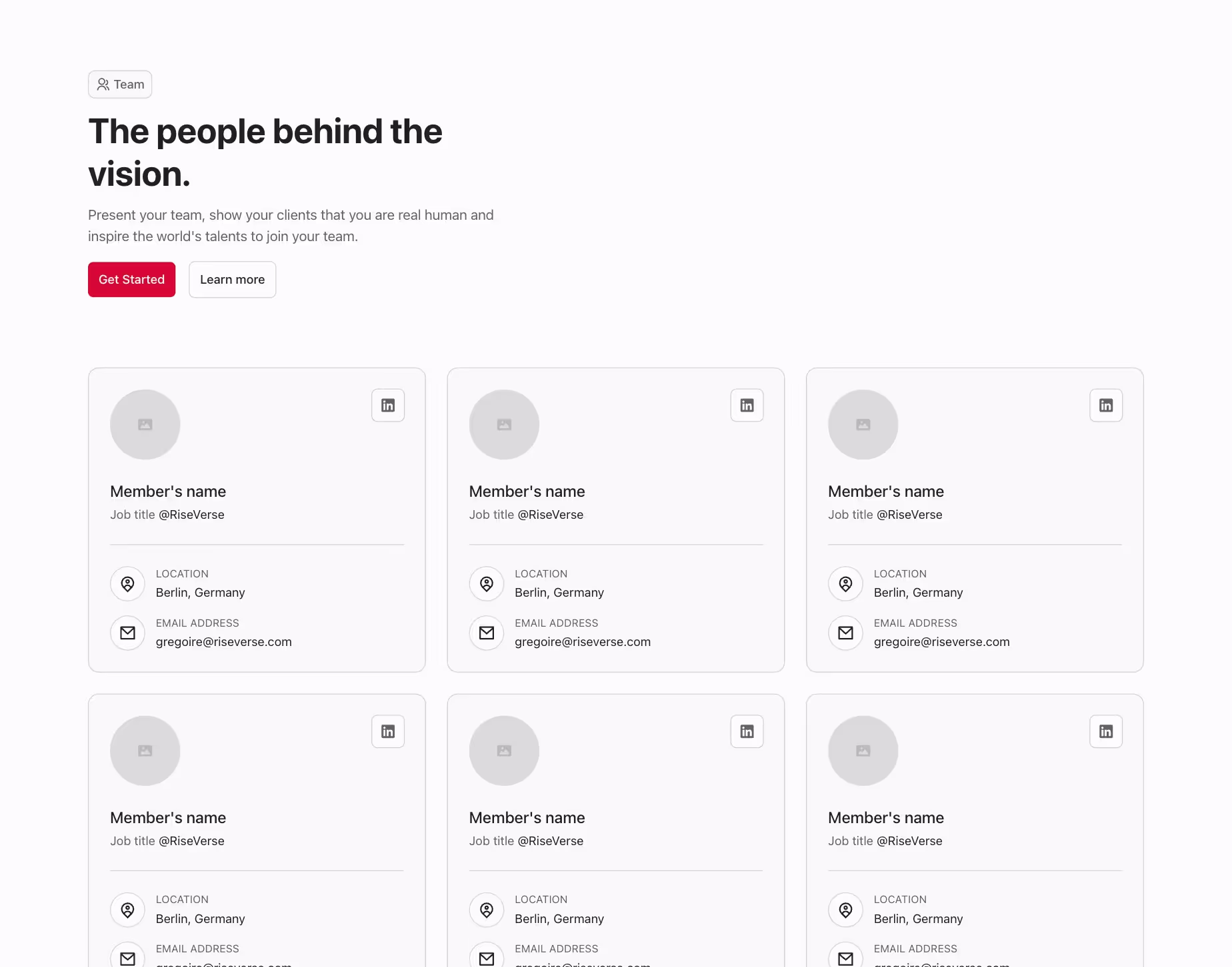 Team component with 6 team members in cards, in a grid layout.