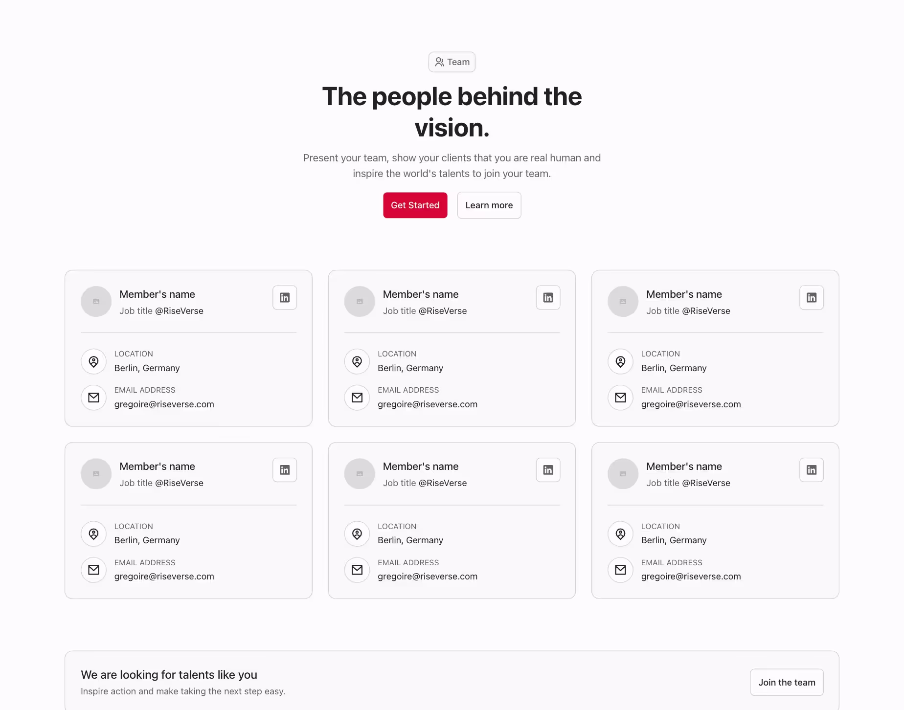 Team component with 6 team members in cards, in a grid layout.