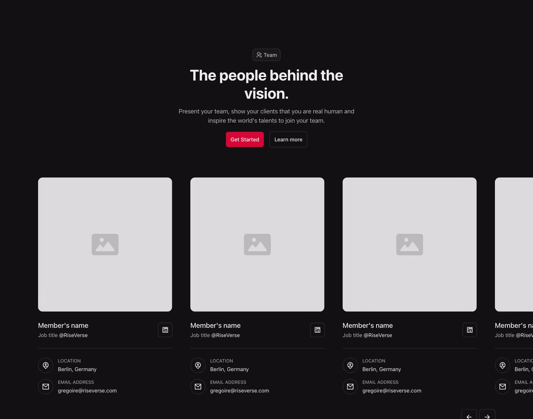 Team component with team members in a slider.