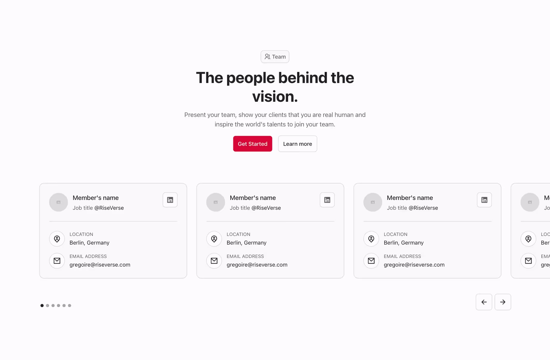 Team component with team member cards in a slider.