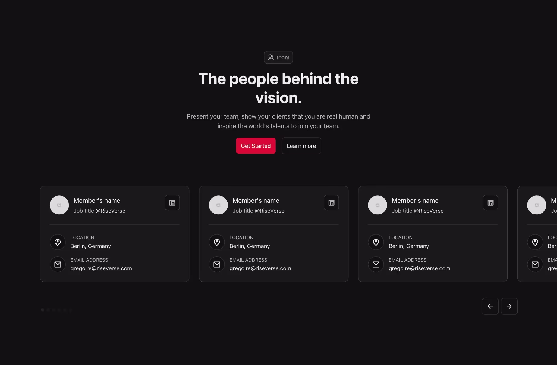 Team component with team member cards in a slider.