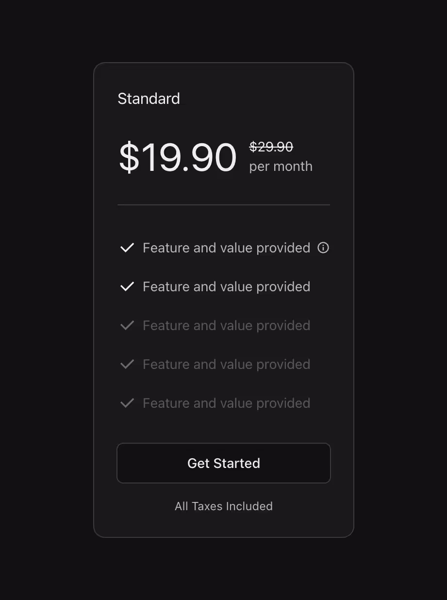A pricing plan on a card with a vertical feature list, best for 3 plan pricing table.