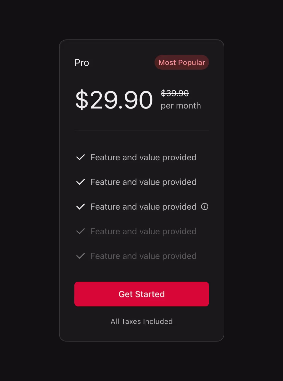 A featured pricing plan on a card with a vertical feature list, best for 3 plan pricing table.