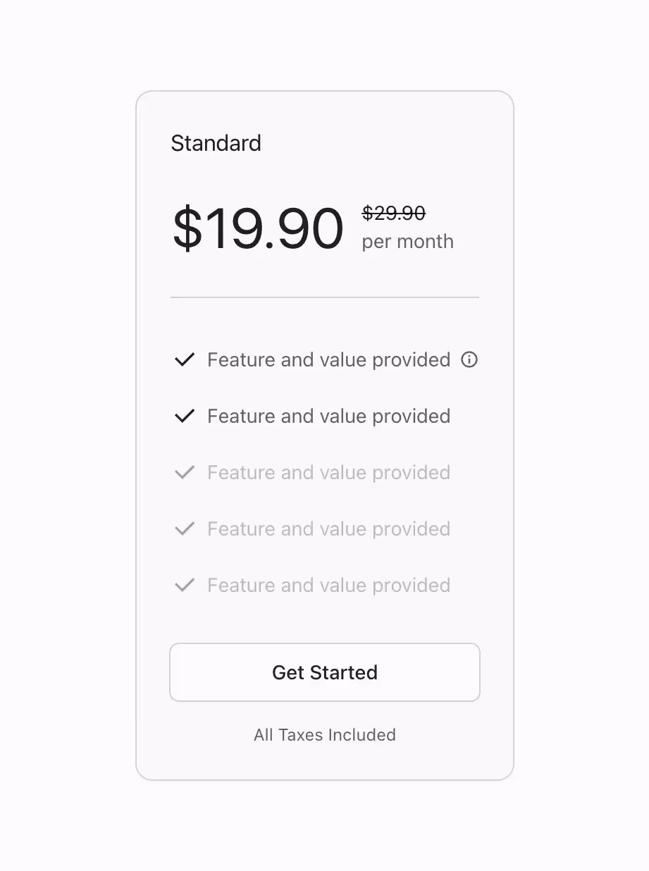 A pricing plan on a card with a vertical feature list, best for 3 plan pricing table.
