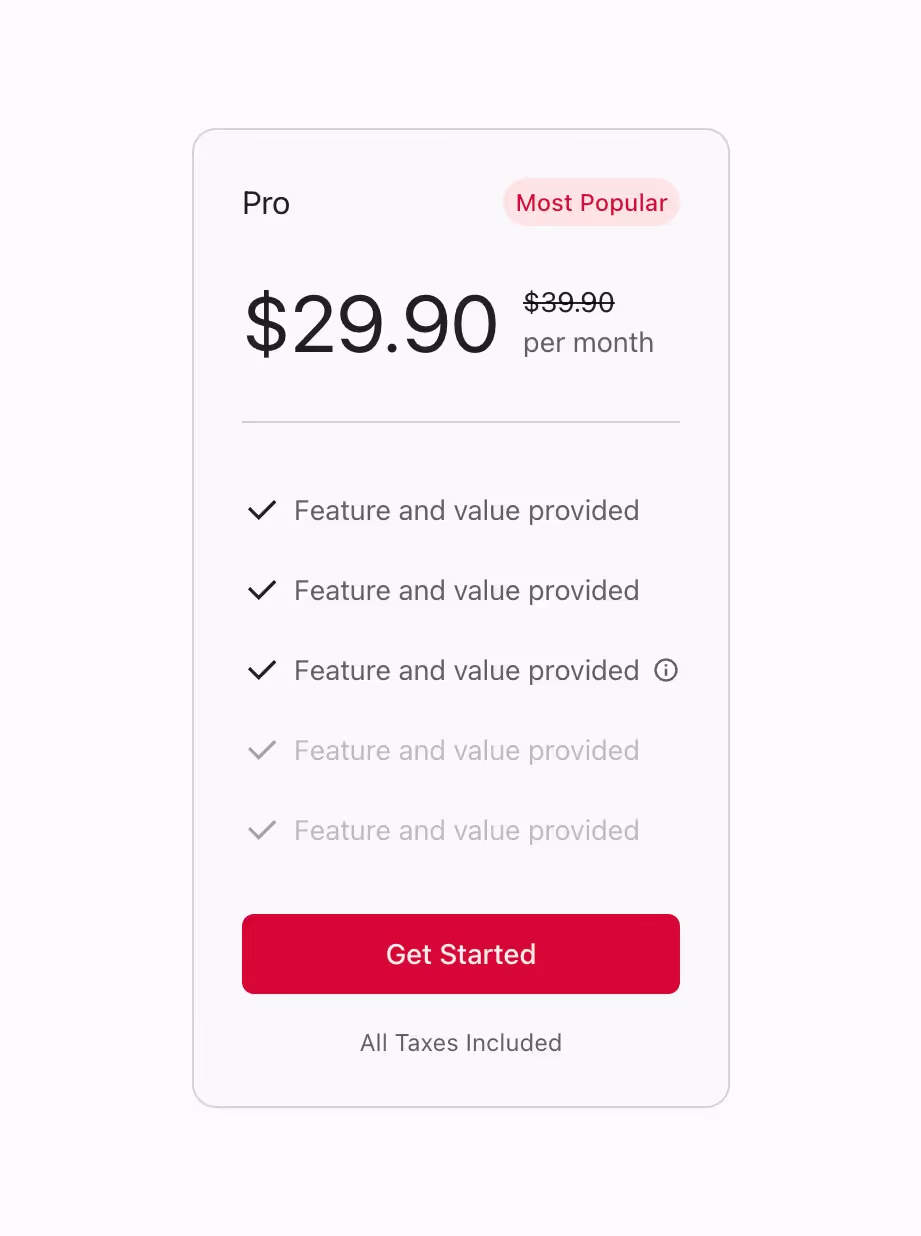 A featured pricing plan on a card with a vertical feature list, best for 3 plan pricing table.