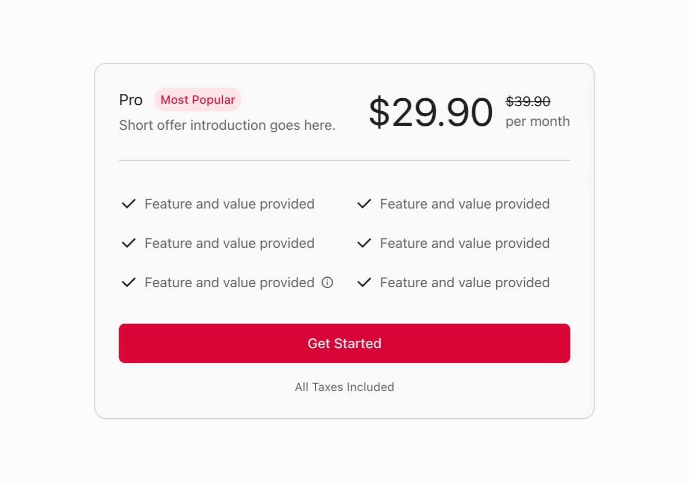A featured pricing plan on a card with a 2 column feature list, best for 2 plan pricing table.