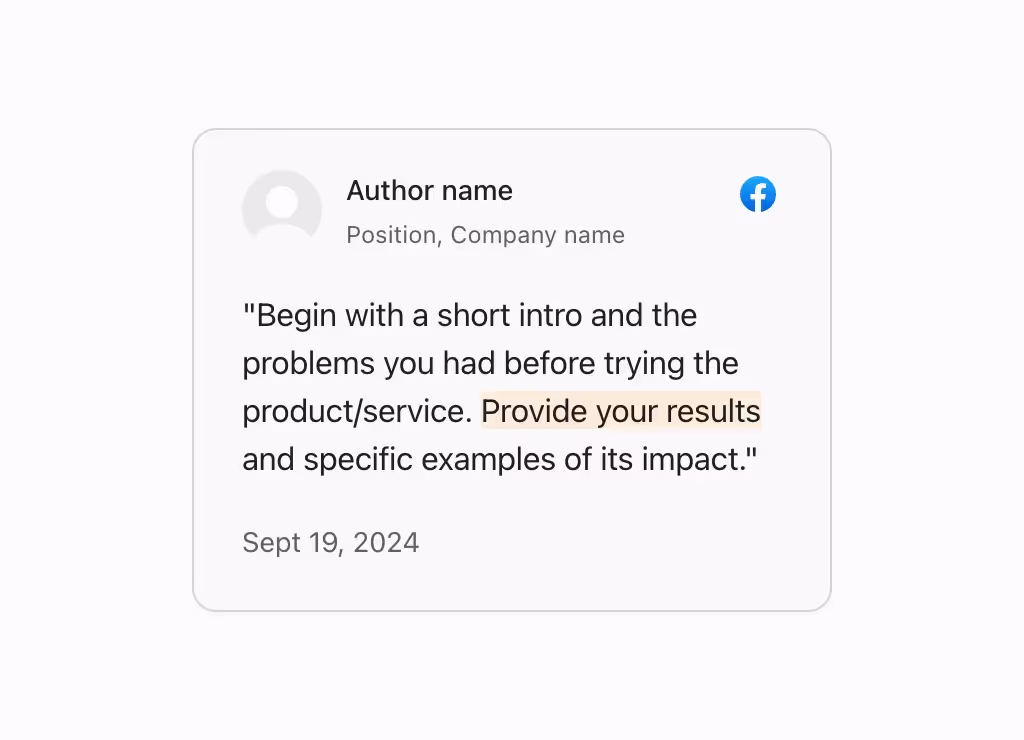 A text-based testimonial from Facebook.