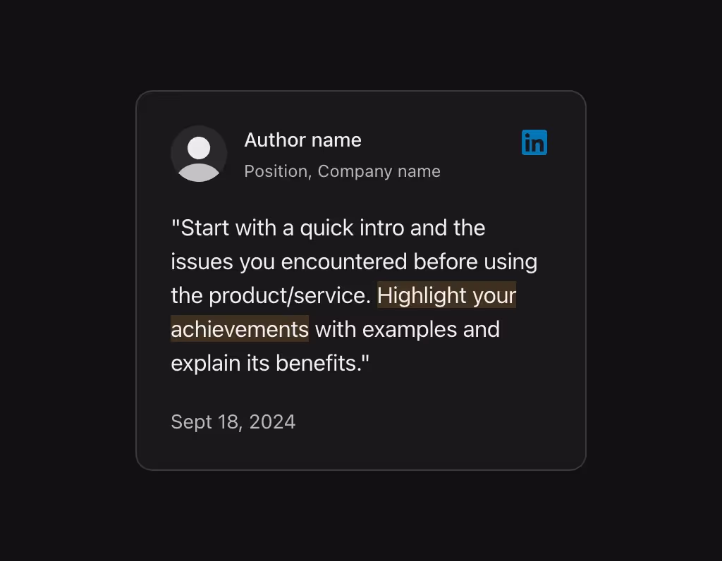 A text-based testimonial from LinkedIn.