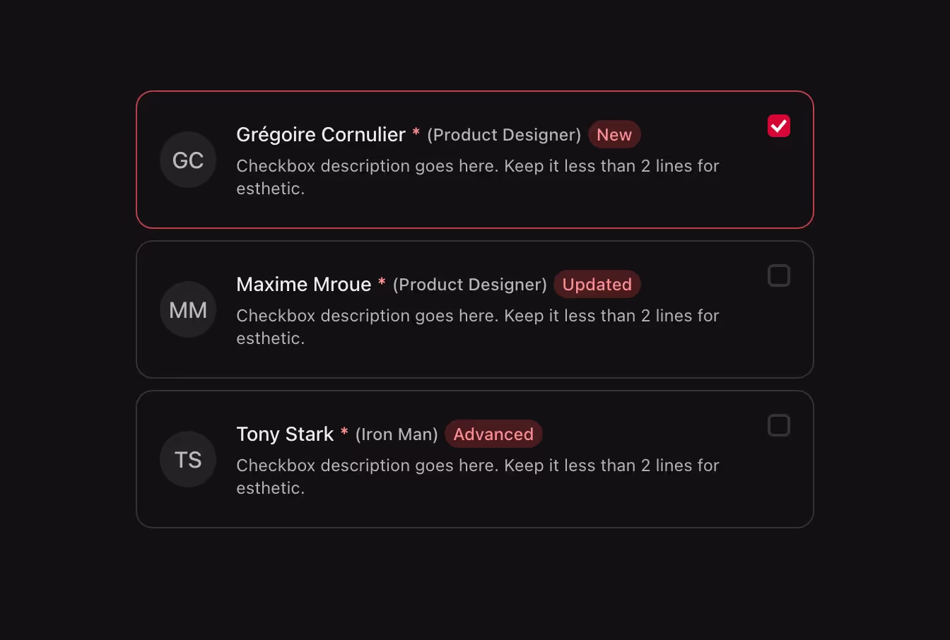 A card-style checkbox with an avatar for more personalized options.