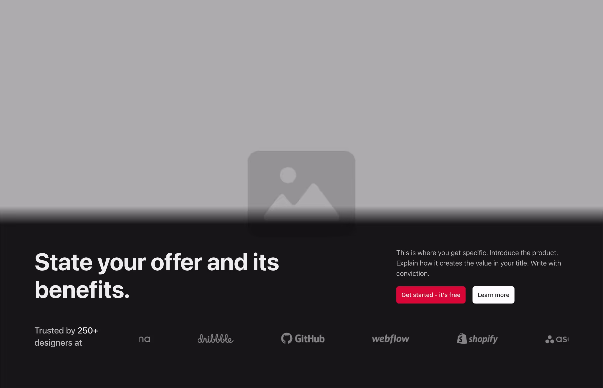 A centered hero layout with a dark overlay, featuring a bold headline and supporting text on the left, call-to-action buttons on the right, a large image above, and trusted brand logos below for added credibility.