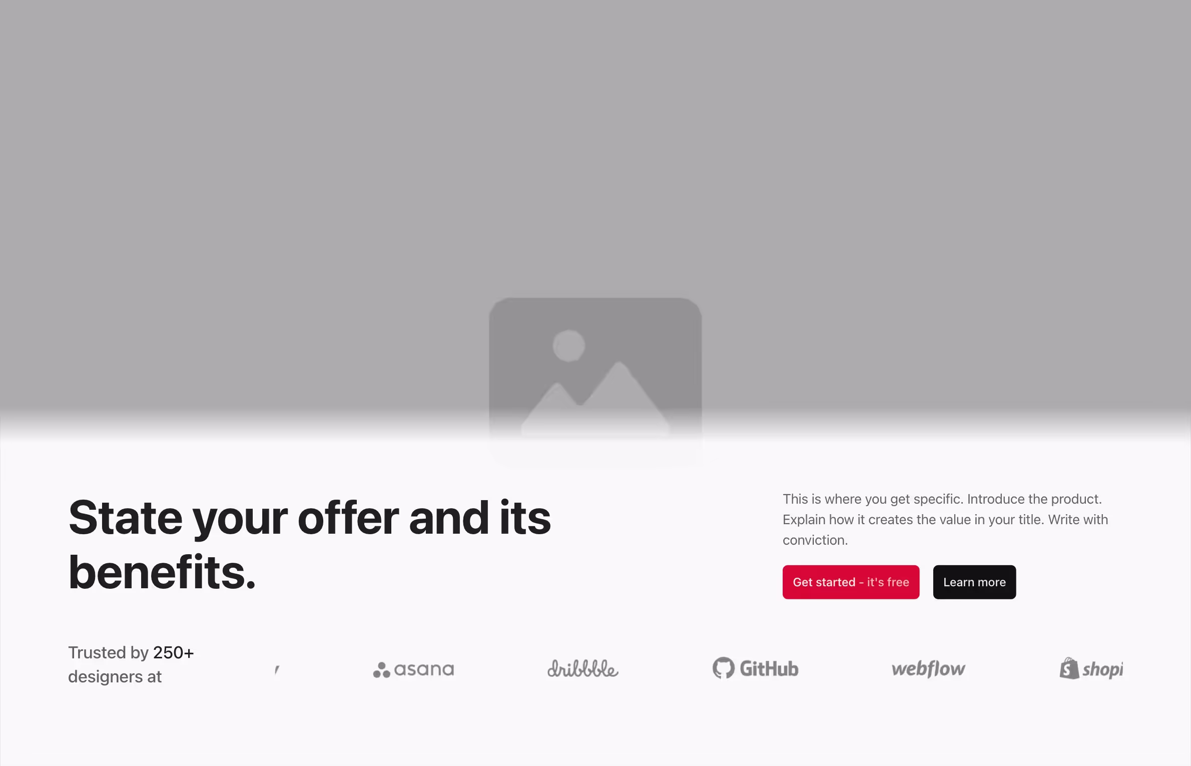 A centered hero layout with a dark overlay, featuring a bold headline and supporting text on the left, call-to-action buttons on the right, a large image above, and trusted brand logos below for added credibility.