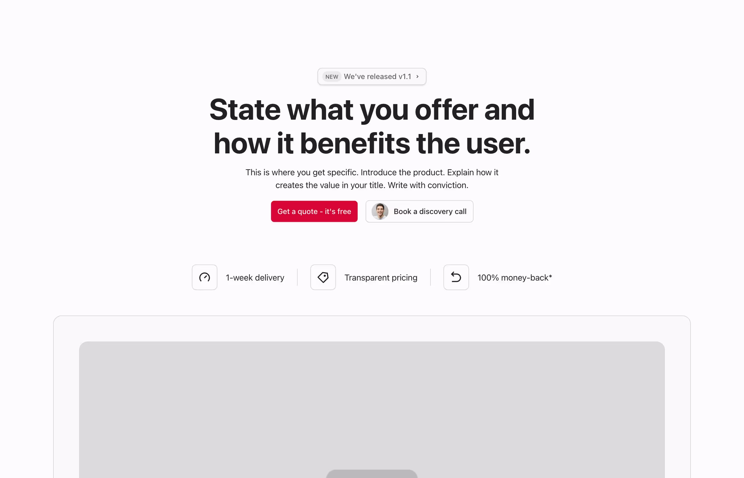 A simple and modern hero layout with a bold headline, a subheading for product details, and two call-to-action buttons, complemented by feature icons below and a large image for visual appeal.