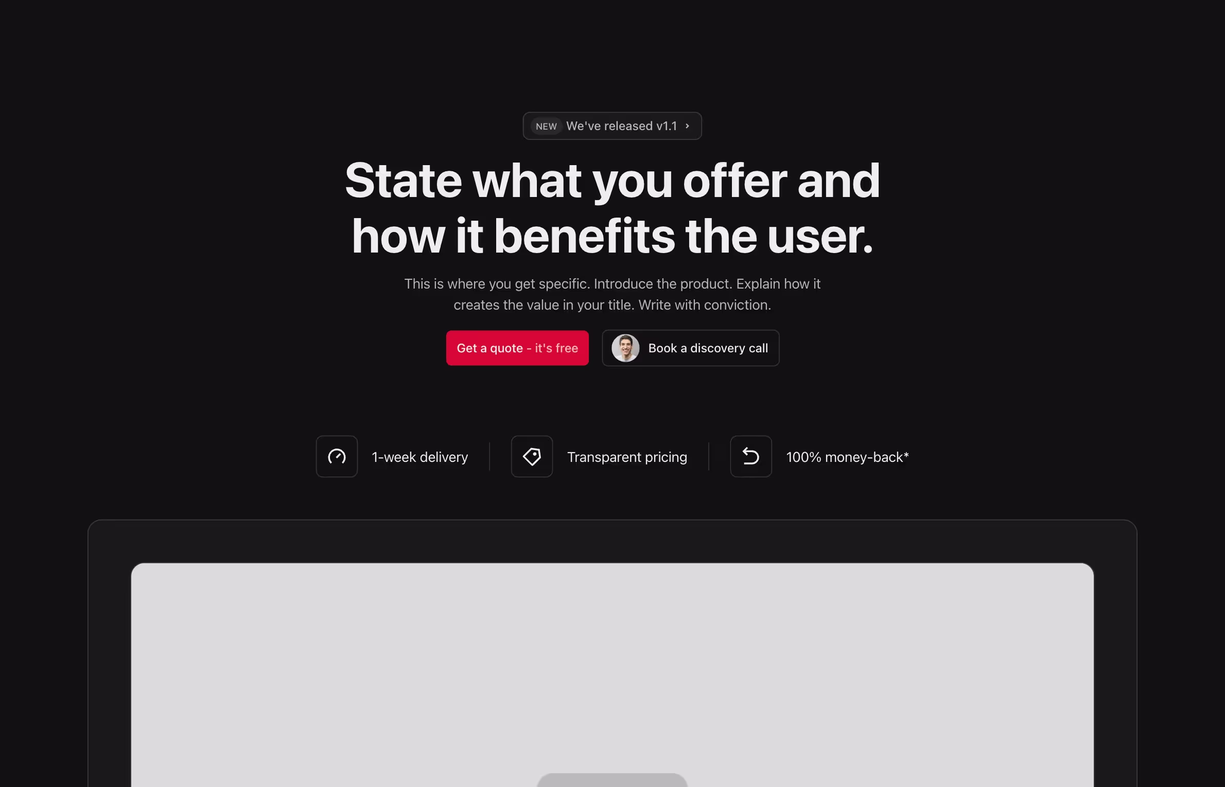 A simple and modern hero layout with a bold headline, a subheading for product details, and two call-to-action buttons, complemented by feature icons below and a large image for visual appeal.