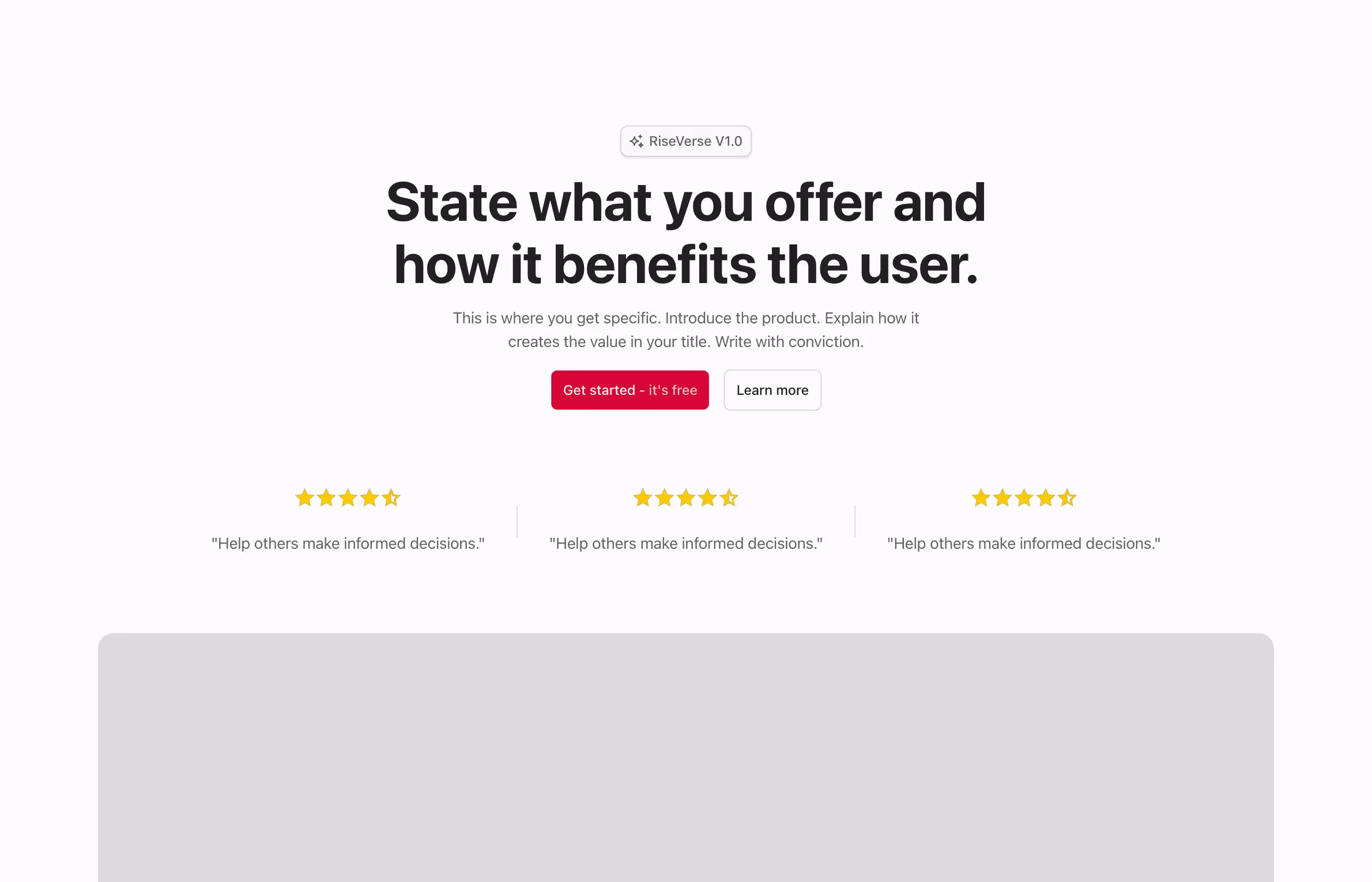 A balanced hero layout with a bold headline, supporting text, dual call-to-action buttons, and a row of star-rated testimonials below, followed by a large image to showcase visuals.