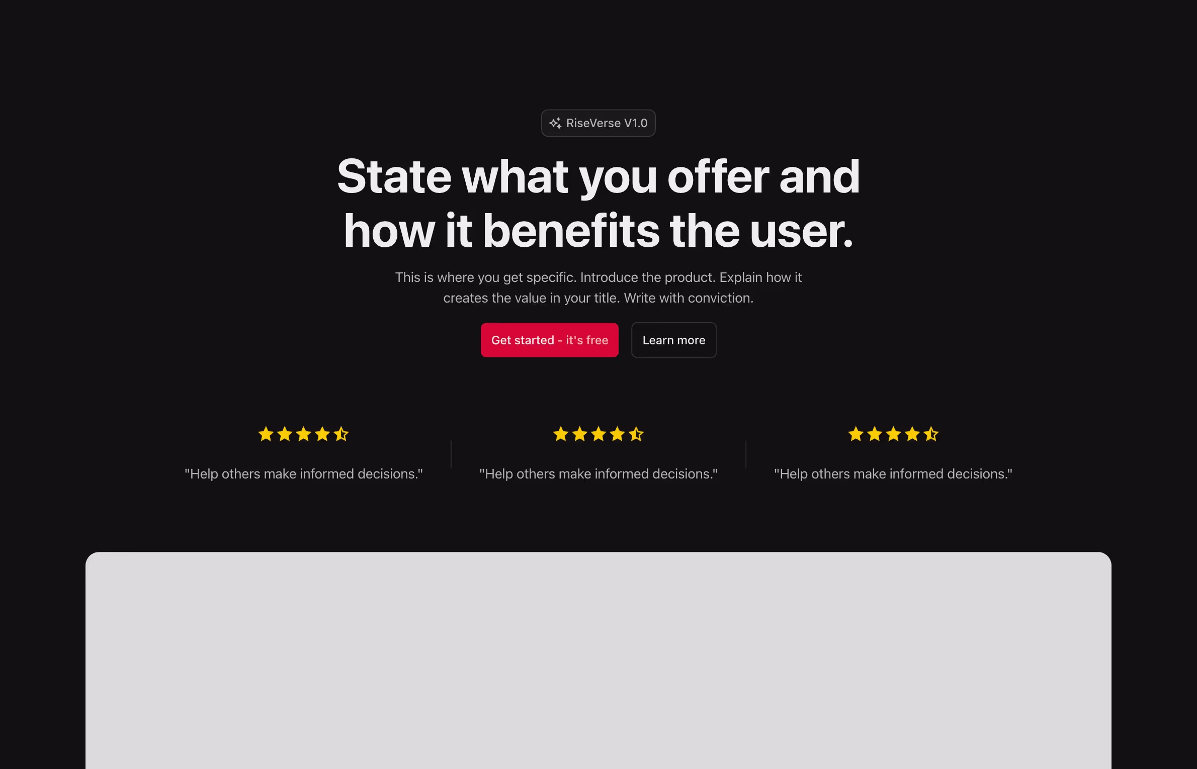 A balanced hero layout with a bold headline, supporting text, dual call-to-action buttons, and a row of star-rated testimonials below, followed by a large image to showcase visuals.