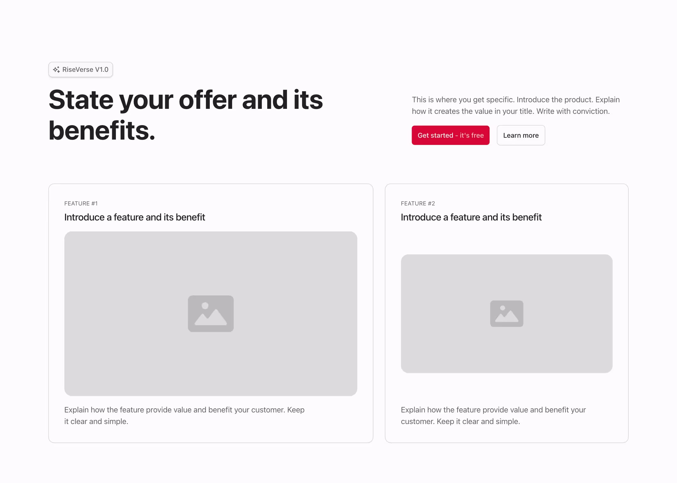 A hero layout with dual call-to-action buttons and two feature cards below, each with a title, image, and description.