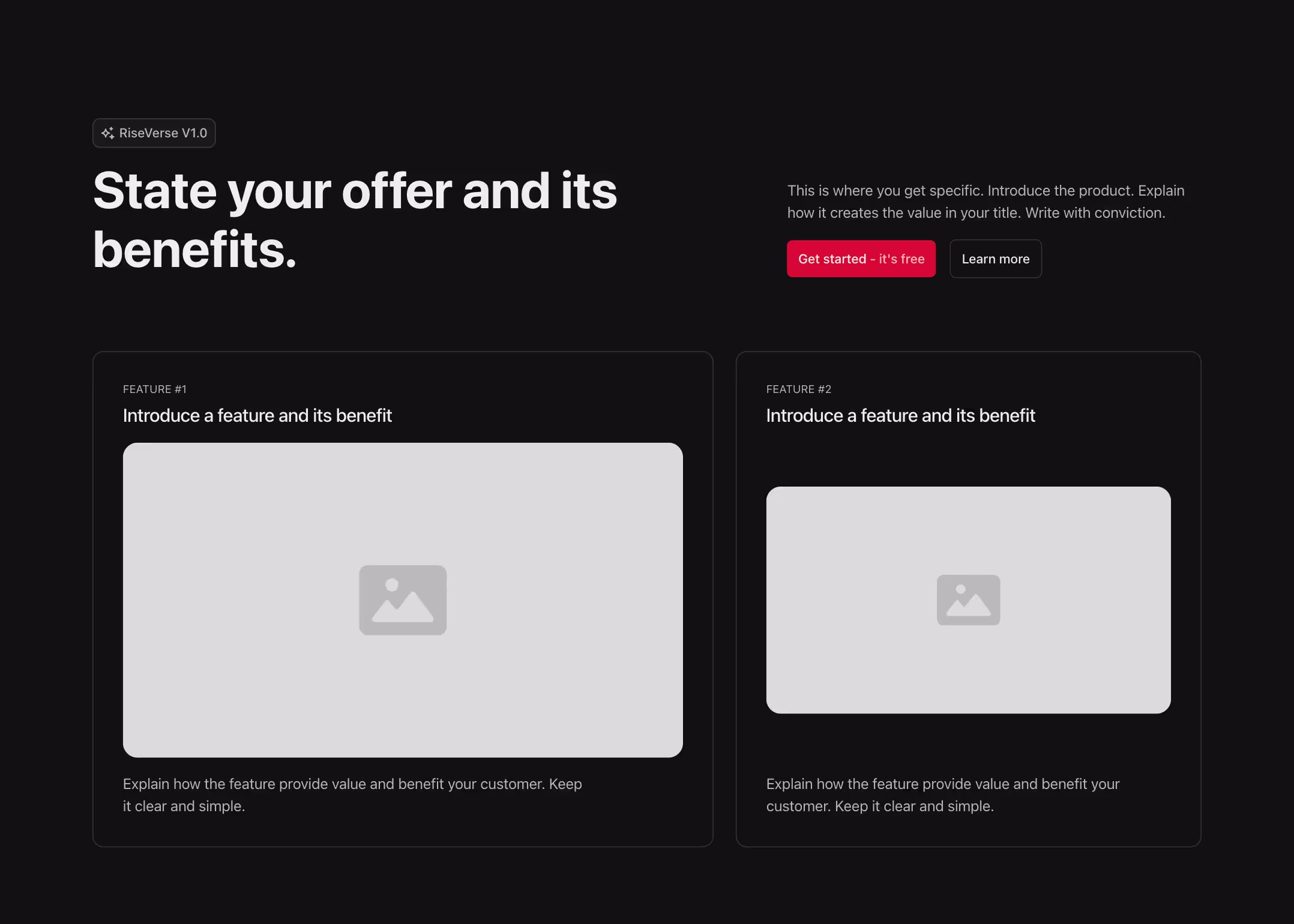 A hero layout with dual call-to-action buttons and two feature cards below, each with a title, image, and description.