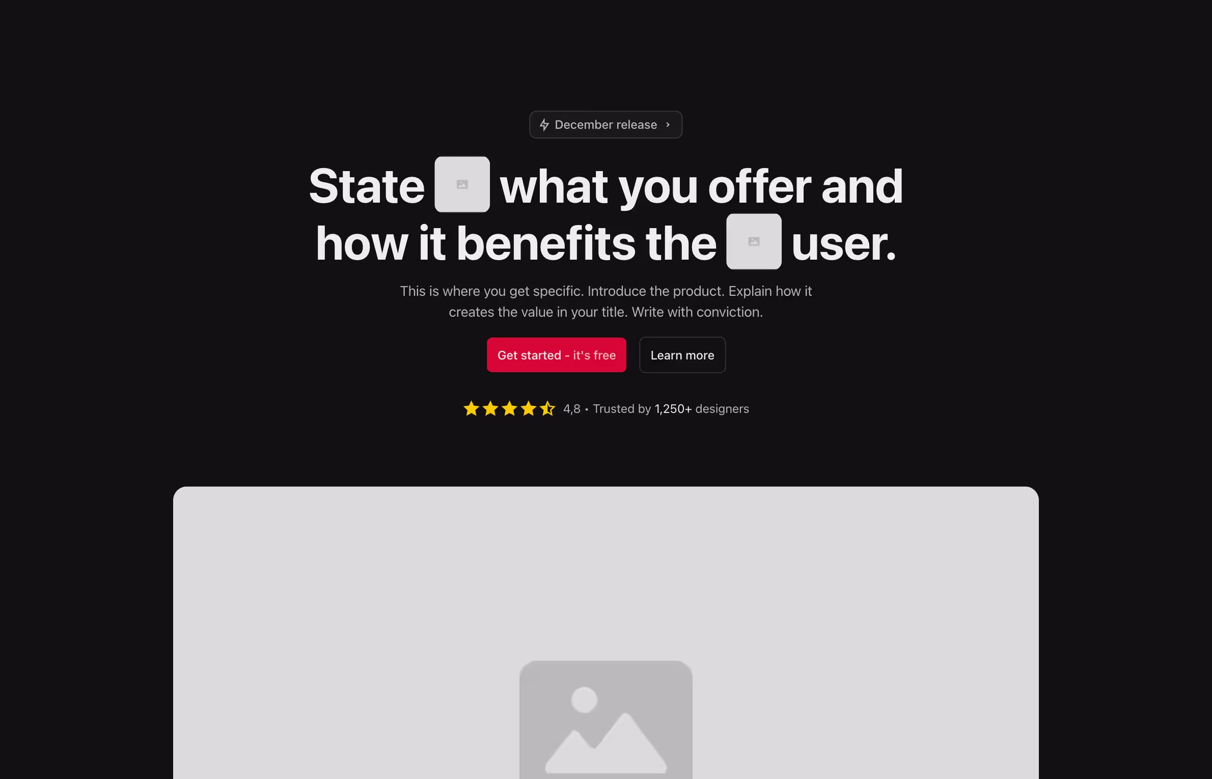 A centered hero header with a bold headline featuring image, subtext, dual call-to-action buttons, a rating section for credibility, and a large image below.